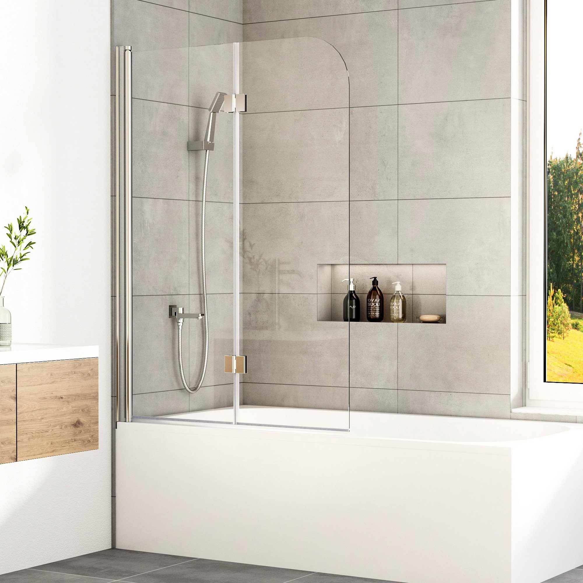 Boromal Badewannenaufsatz Duschtrennwand Badewanne Faltbar 120x140cm Duschwand Klappbar 2/ 3-tlg, (Klarglas /Teilsatiniert glas), Badewannenfaltwand Glaswand 6mm ESG Glas