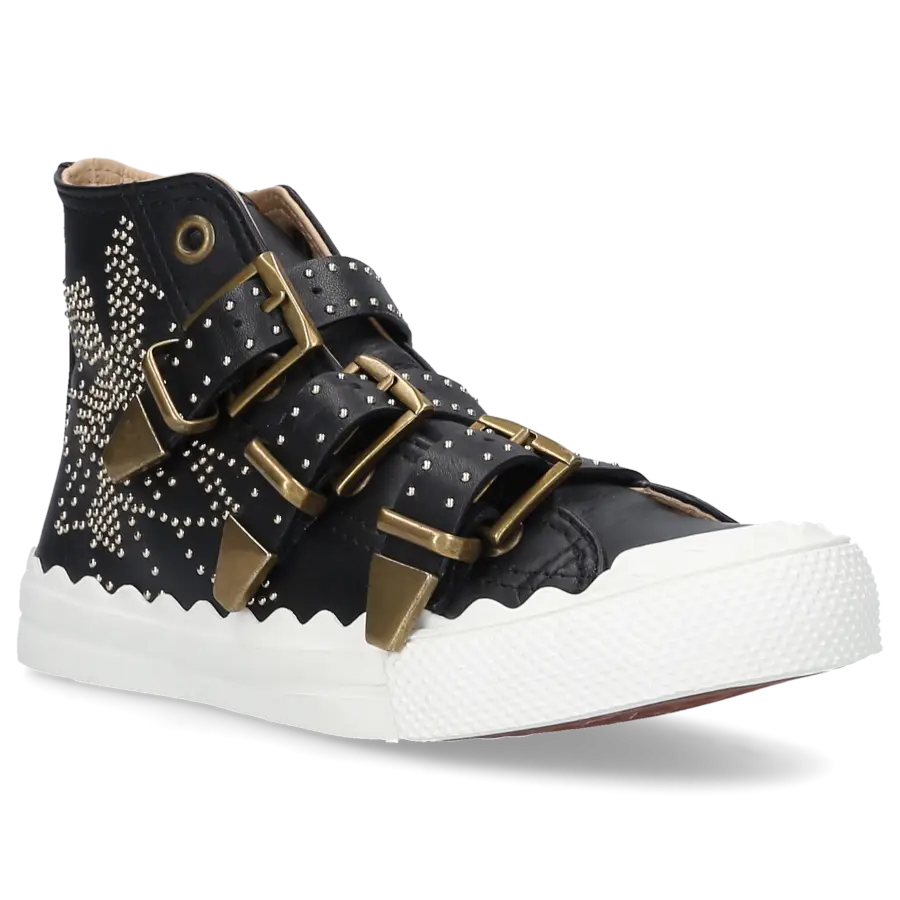 Chloé - Sneaker SUSANNA High Leder schwarz Nieten gold Floral - schwarz
