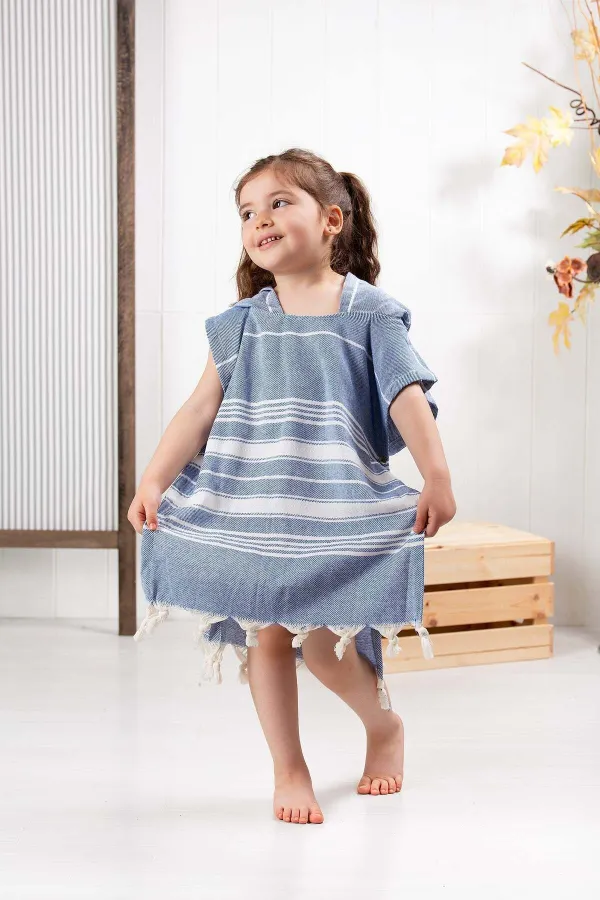 Formeya  Kinder-Bademantel, Poncho, 100 % Baumwolle, Strandtuch, Peshtemal, Marineblau