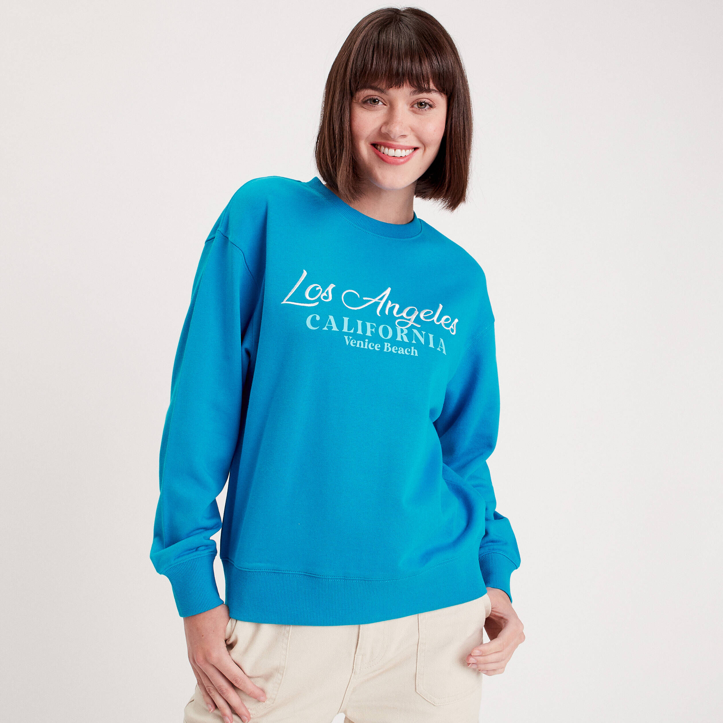 Sweat manches longues brodé bleu femme | Cache Cache