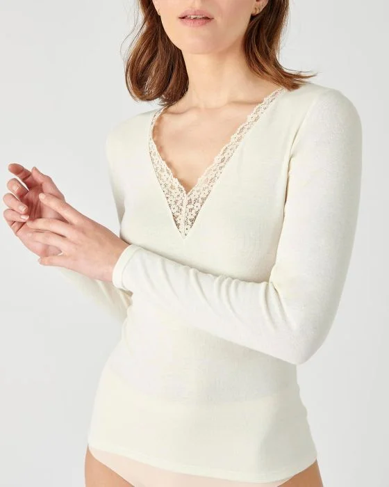 Tee-shirt manches longues Thermolactyl Sensitive, finition dentelle