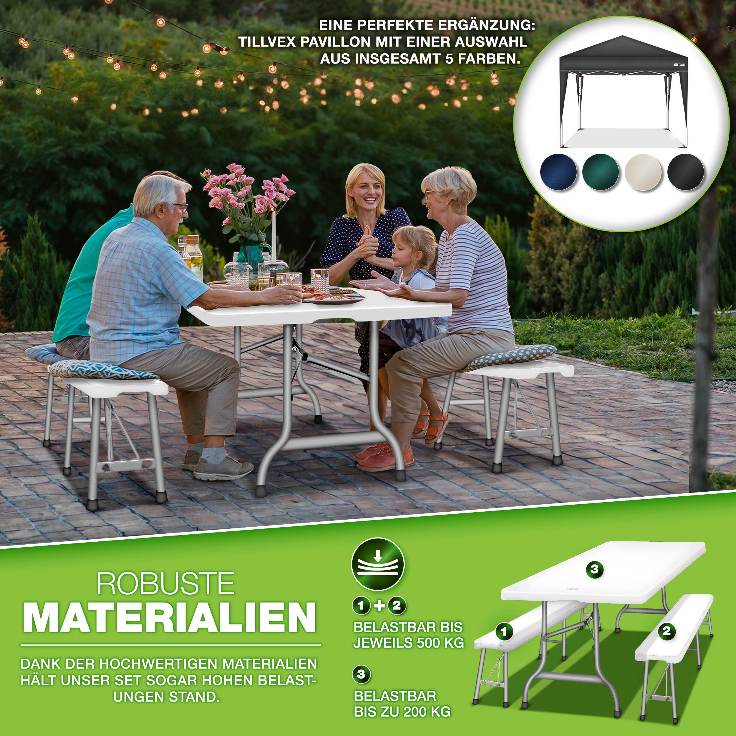 tillvex Bierzeltgarnitur klappbar 3-teilig Set Kunststoff Gartengarnitur wetterfest 180 cm, (Gartenmöbel Set Indoor & Outdoor mit Gartentisch und Bänken, Festzeltgarnitur)