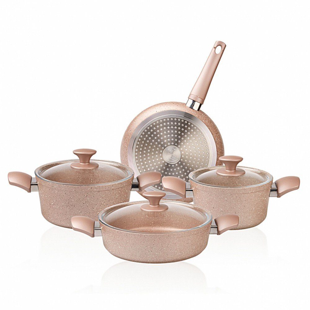 KRC Topf-Set Karaca Biogranit Antik Rose 7-Teiliges Kochgeschirr-Set Kochgeschirr-Set, Antihaftbeschichtung, Topf Pfannenset mit Glasdeckeln, Spulmaschinengeeignet, Granit