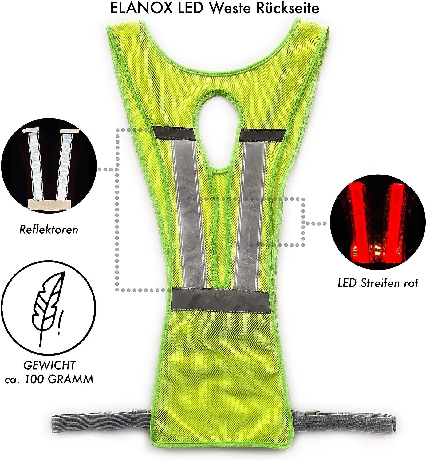 ELANOX Schutzweste LED Weste Sicherheitsweste mit reflektierenden Streifen Warnweste, Aufladen via USB