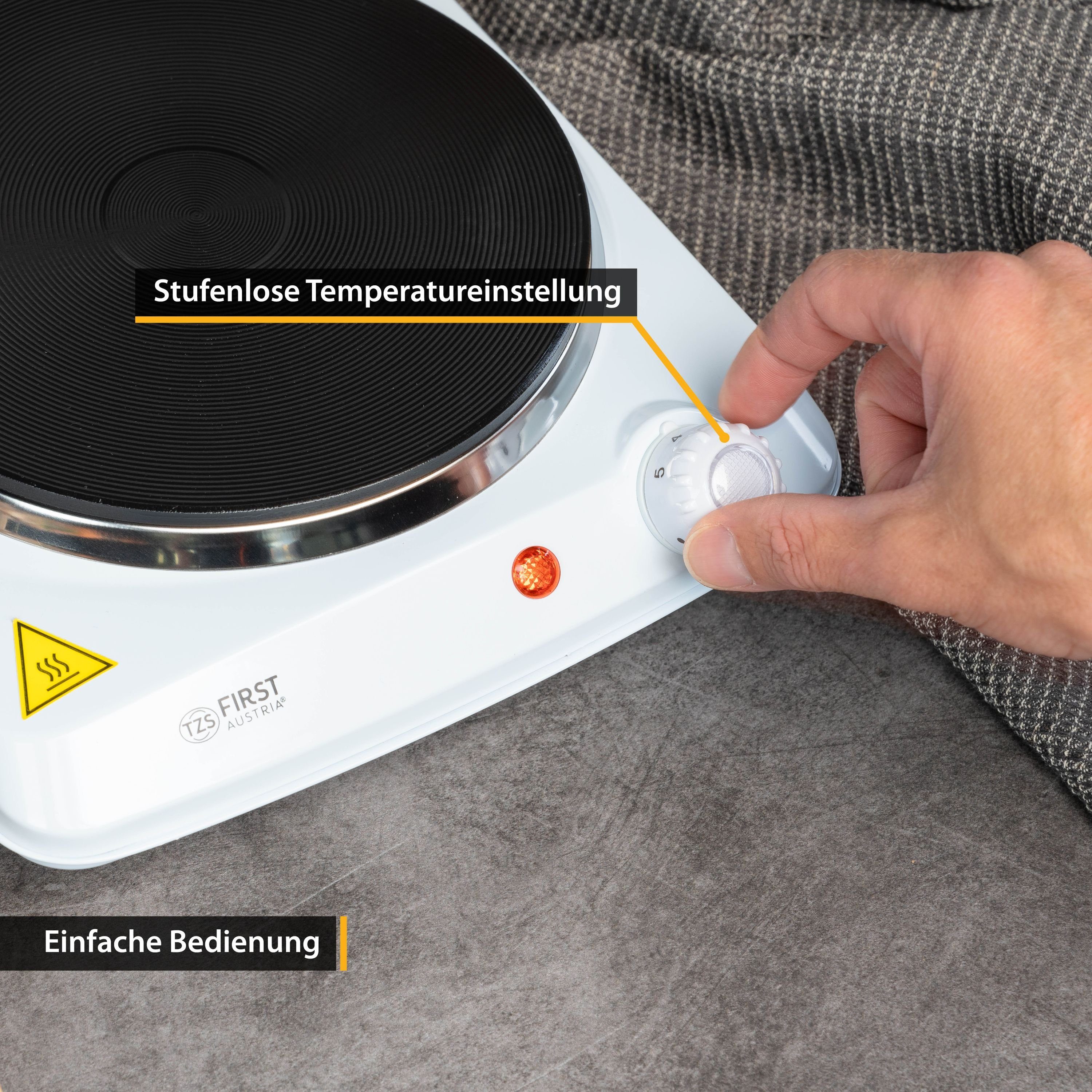 TZS FIRST AUSTRIA Doppelkochplatte Einzelkochplatte 1500W, Gusseisen, Kochplatte Weiß, Herdplatte Camping, Thermostat mit 5 Temperaturstufen