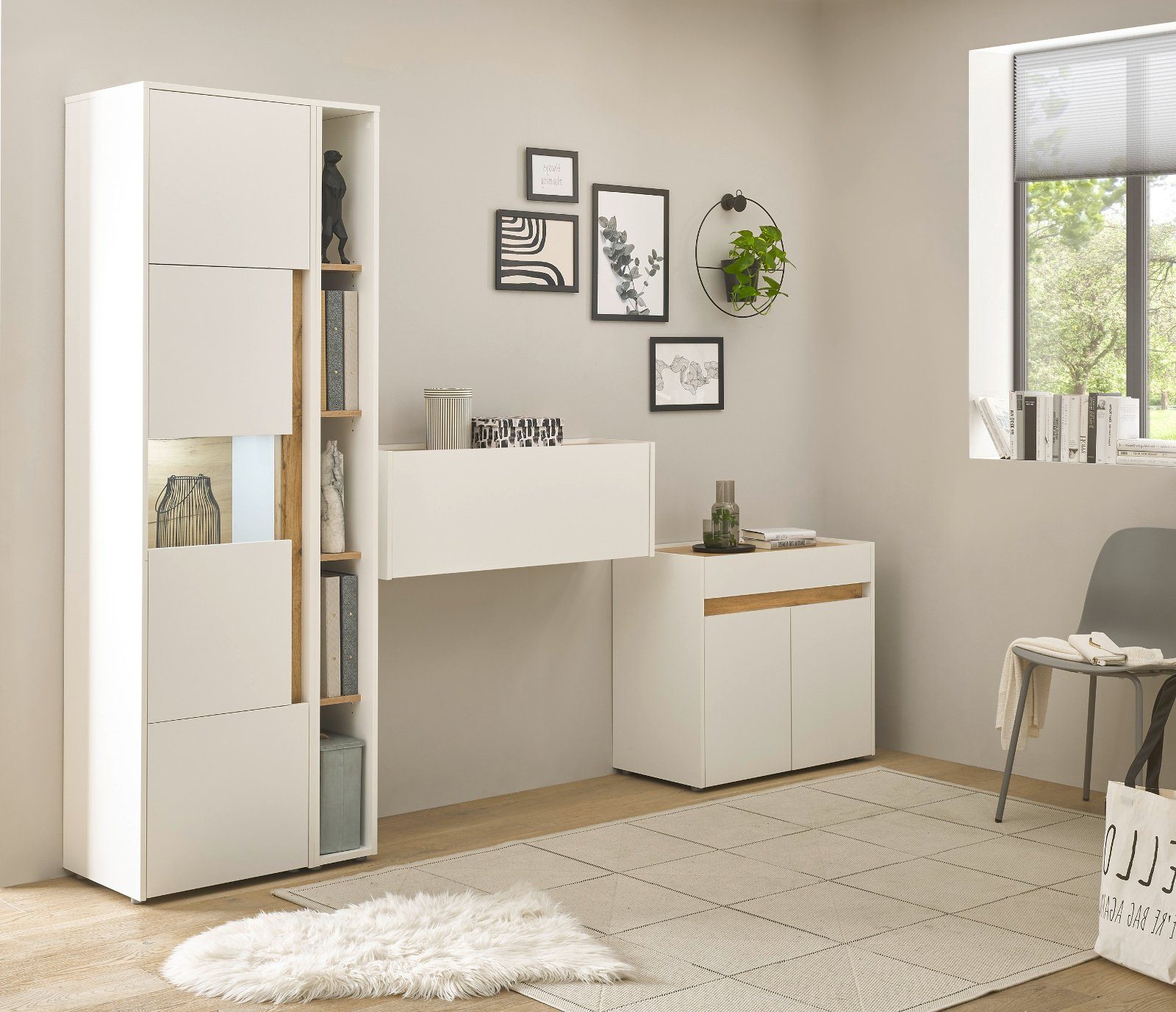 Furn.Design Mehrzweckschrank-Set Center, (Homeoffice Wohnwand in weiß mit Wotan Eiche, 4-teilig, 270 x 200 cm), integrierter Sekretär