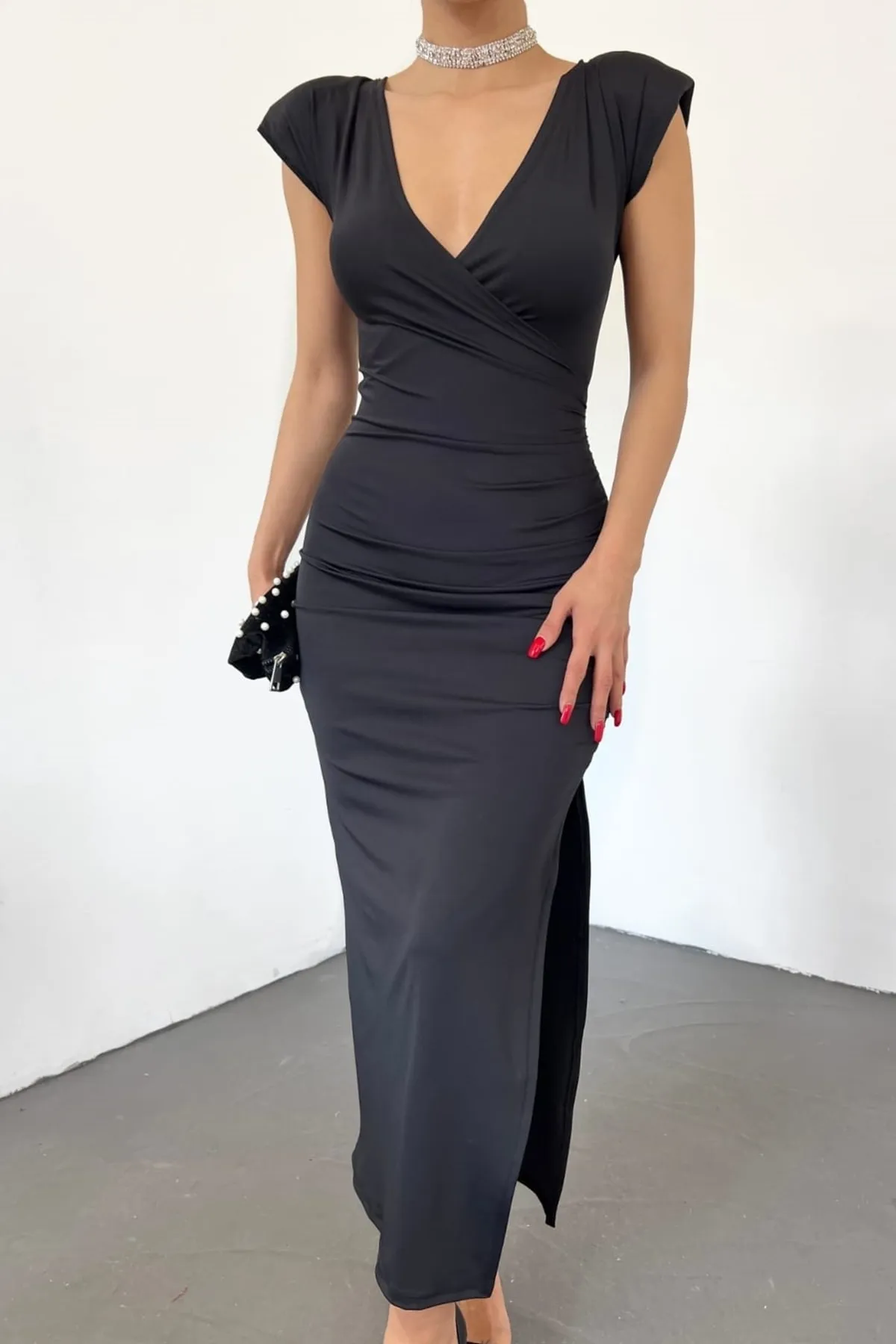 lovebox  Lycra, flexibler Tauchstoff, Midi-Länge, zweireihiger Kragen, Schulterpolster, Schlitz, detailliertes schwarzes Abendkleid 5031
