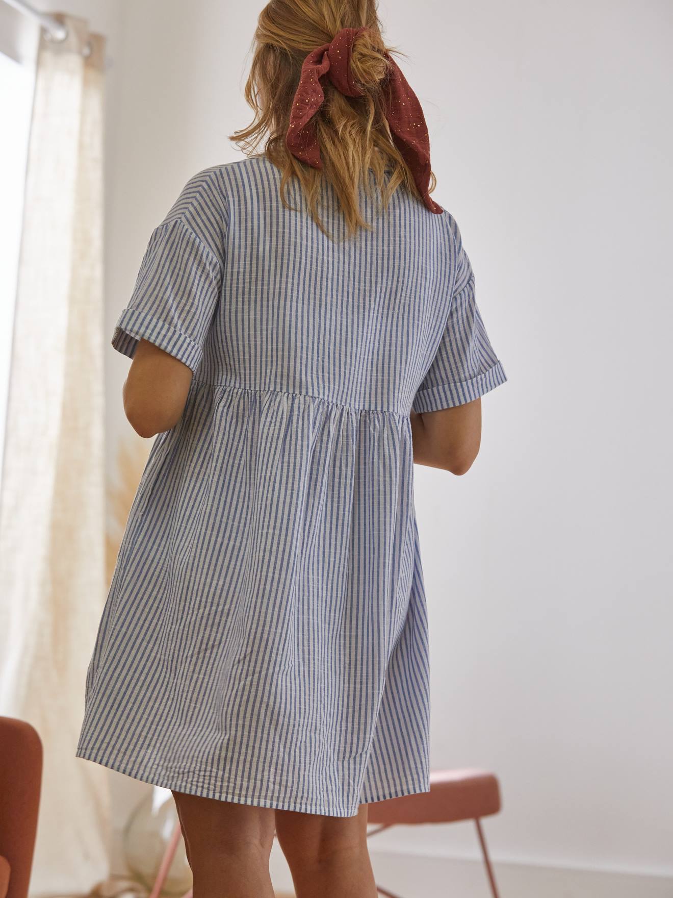 Robe-chemisier rayée courte grossesse et allaitement rayé bleu et blanc