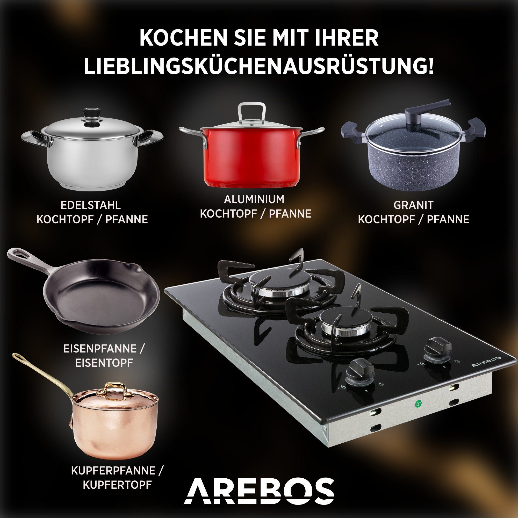 Arebos Gas-Kochfeld Glas 30 cm AR-HE-GH30CM, Geeignet für Erdgas und Propangas, Gaskochfeld Gasherd