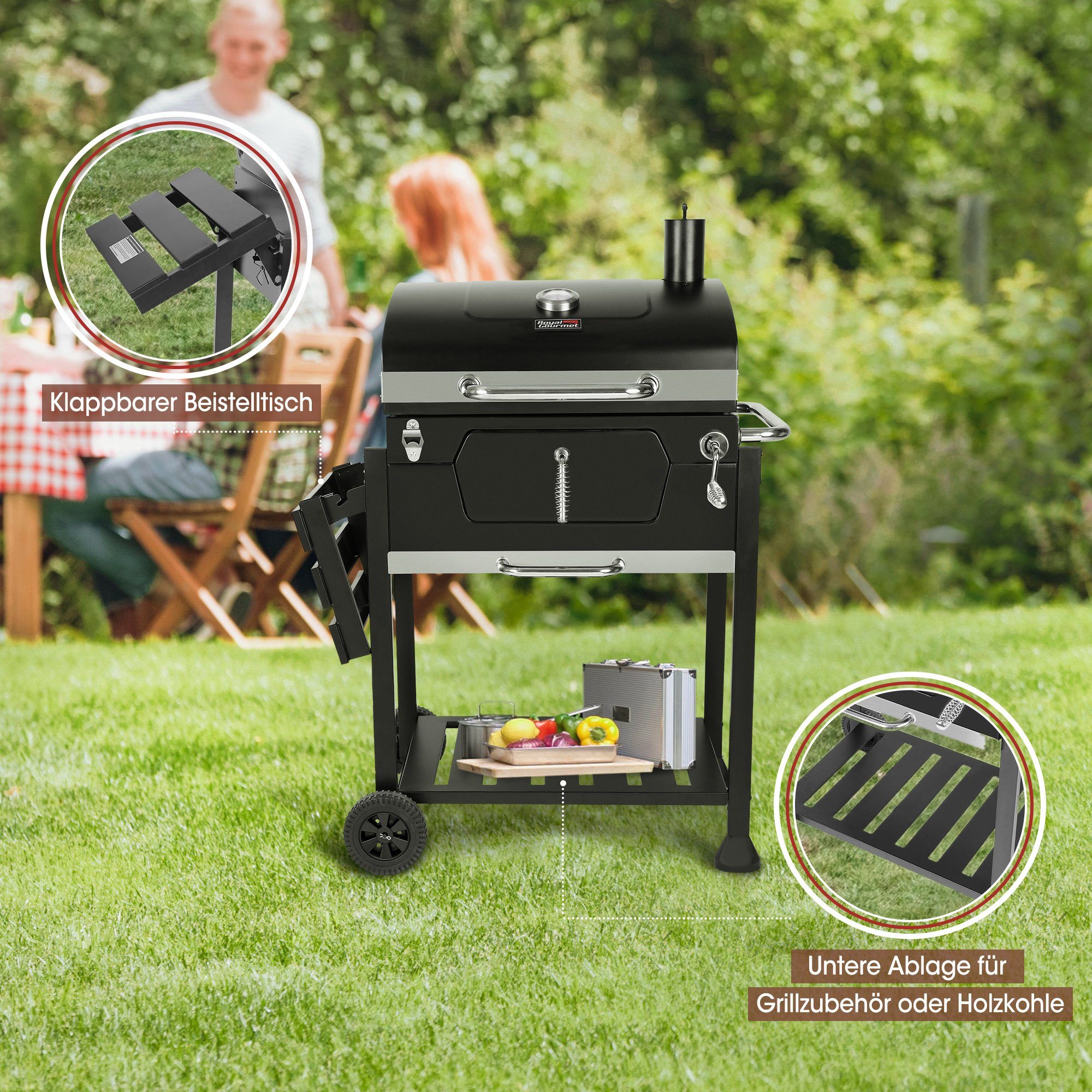 Royal Gourmet Holzkohlegrill, Grillwagen mit Deckel, Standgrill, 100 x 64,5 x 119,5 cm (L x W x H)