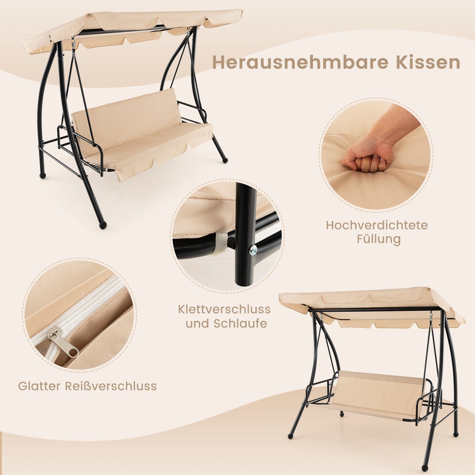 COSTWAY Hollywoodschaukel 2 in 1 Flachbett, 2,00-Sitzer, mit Dach