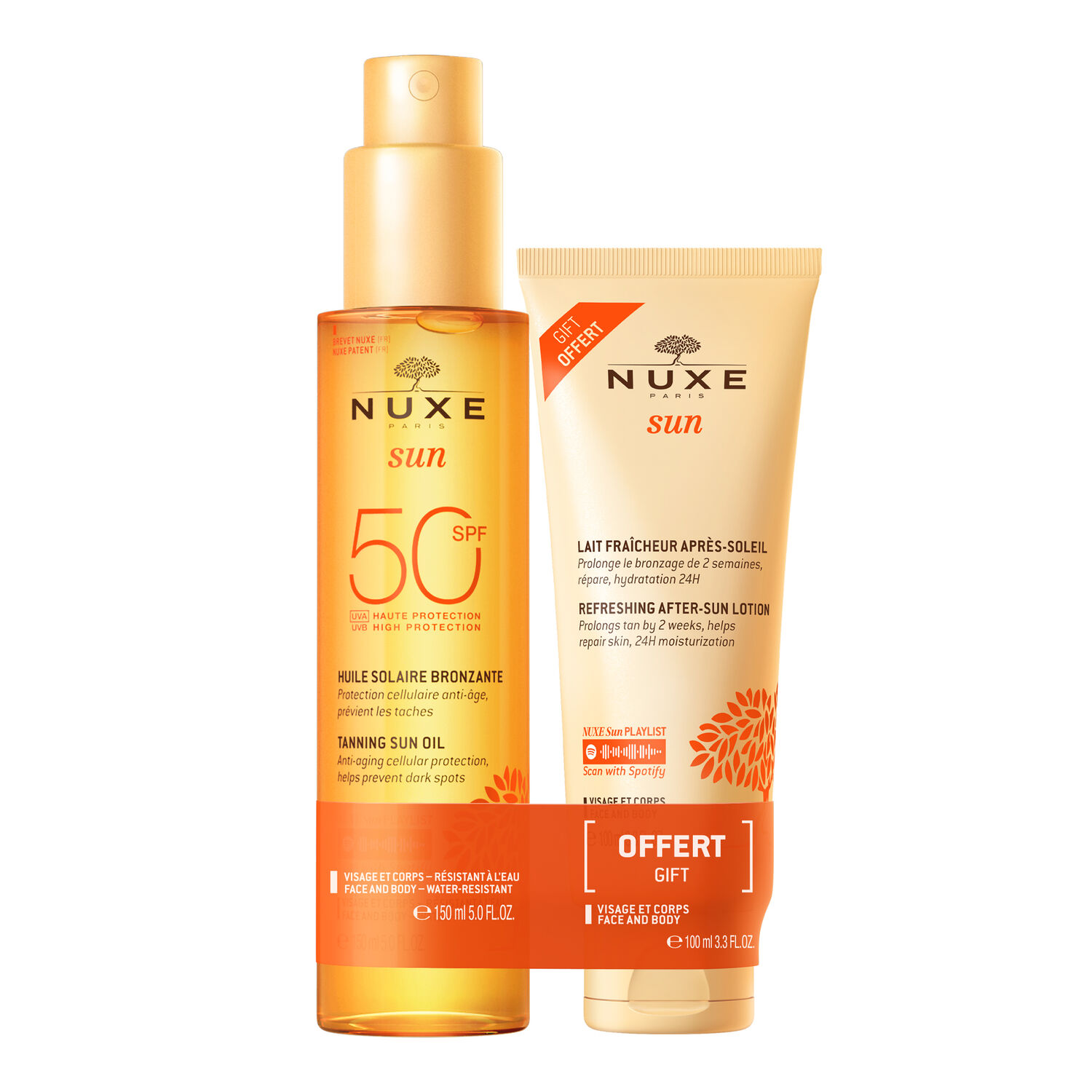 Nuxe NUXE SUN Duo Huile Solaire Bronzante Haute Protection SPF50 visage et corps et Lait Fraicheur Après-Soleil visage et corps 100ml offert