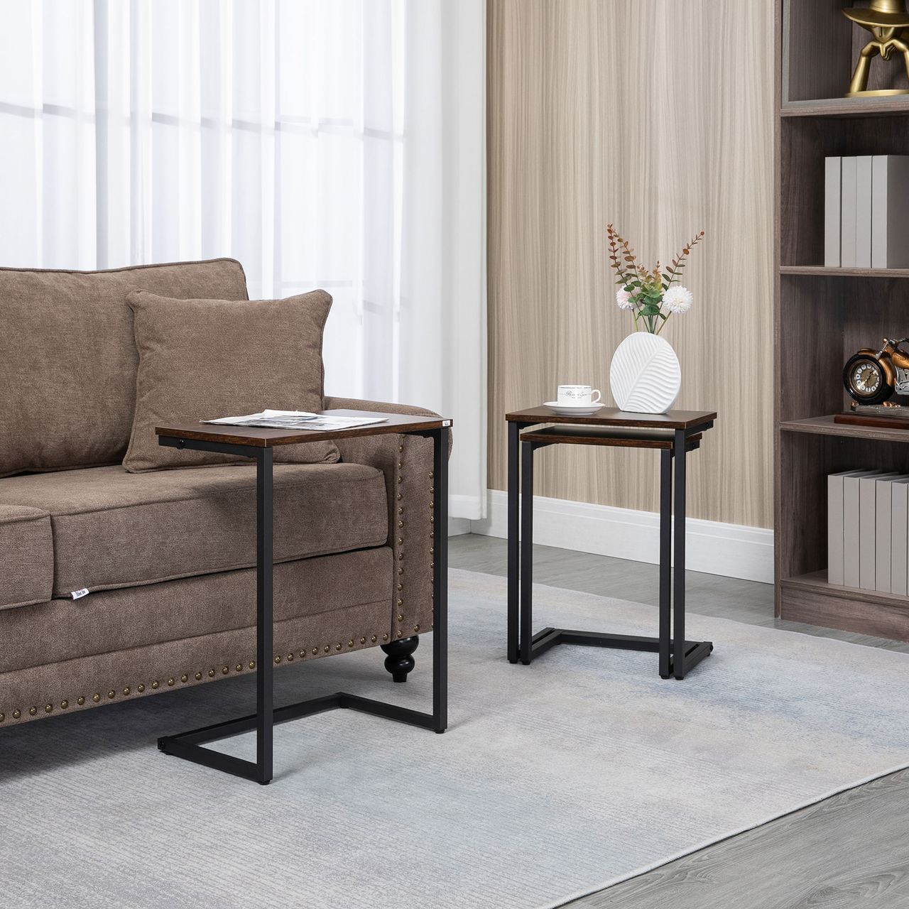HOMCOM 3er-Set Beistelltische platzsparende Satztische mit Stahlgestell Braun