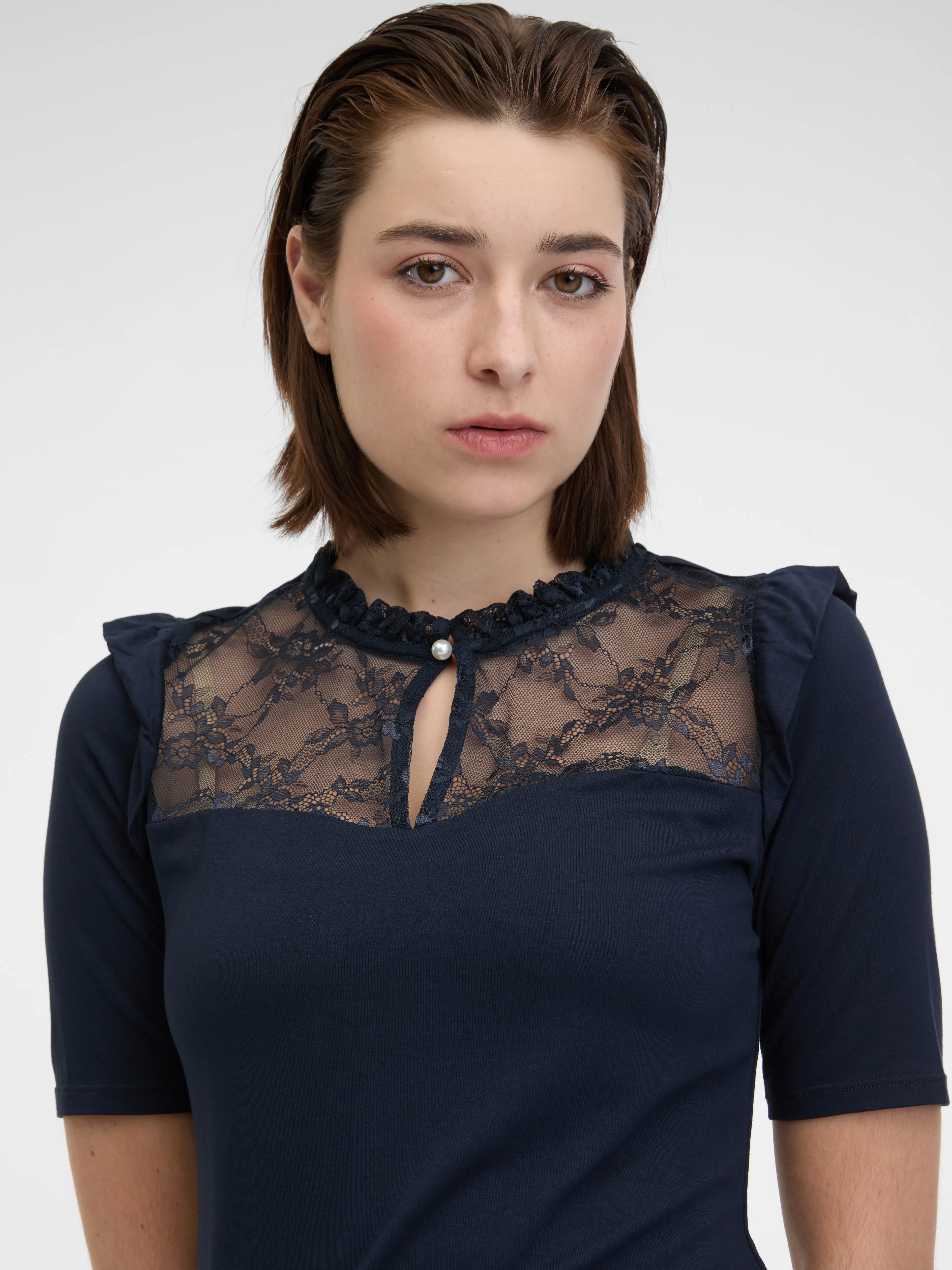 Dunkelblaues Damen-T-Shirt mit Spitze ORSAY