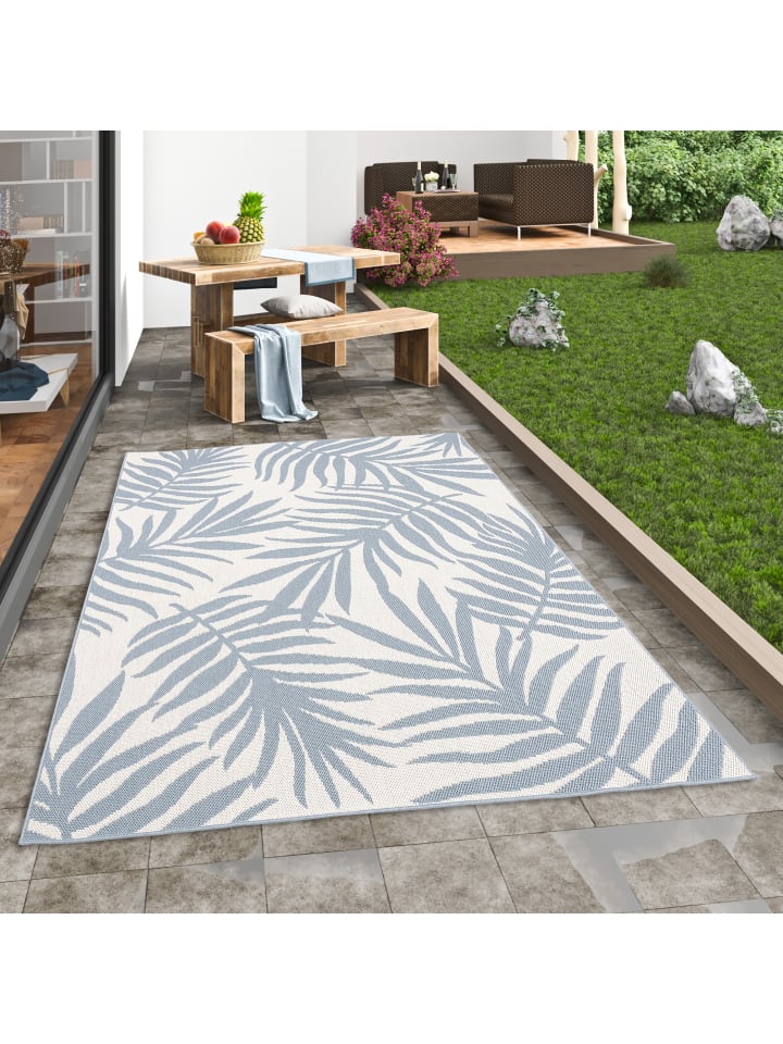 Pergamon In & Outdoor Teppich Flachgewebe Marbella Blätter in Blau günstig kaufen