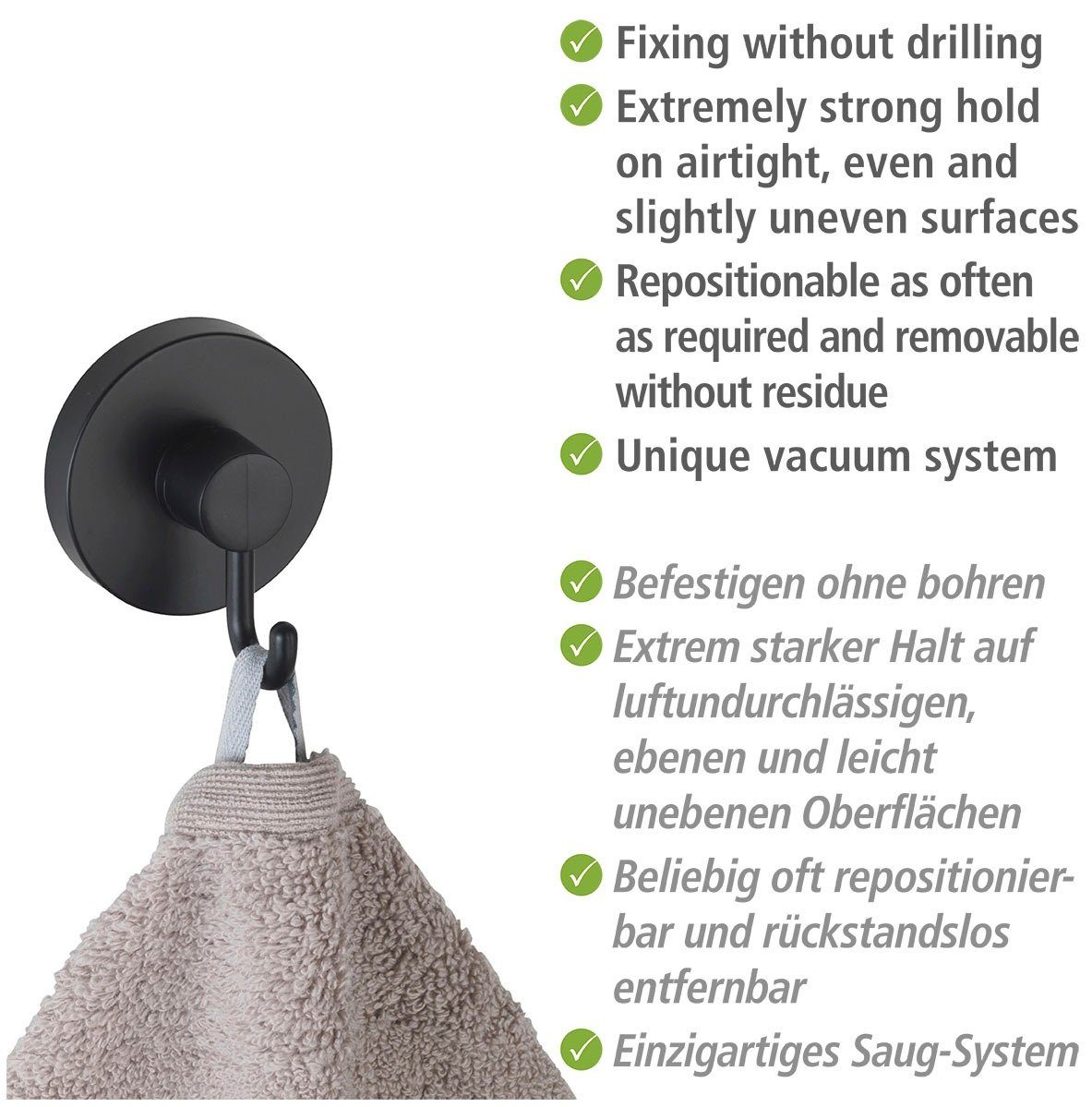 WENKO Wandhaken Vacuum-Loc®, Badezimmer, (2-St), Befestigen ohne Bohren