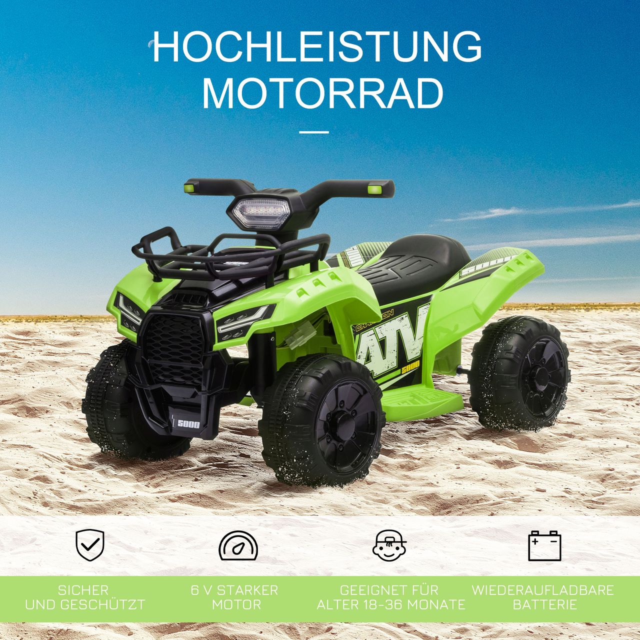 HOMCOM Mini Elektro-Quad Kinder Elektro ATV Kinderwagen LED Frontlicht Kinderfahrzeug Kindermotorrad Elektroquad für 18-36 Monate Kinder Metall PP-Kunststoff Grün 66 x 44 x 42 cm