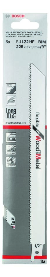Bosch Blue Accessories 2608656021 S1122HF Fűrészlap, rugalmas fához és fémhez, 225 mm, 5 darab