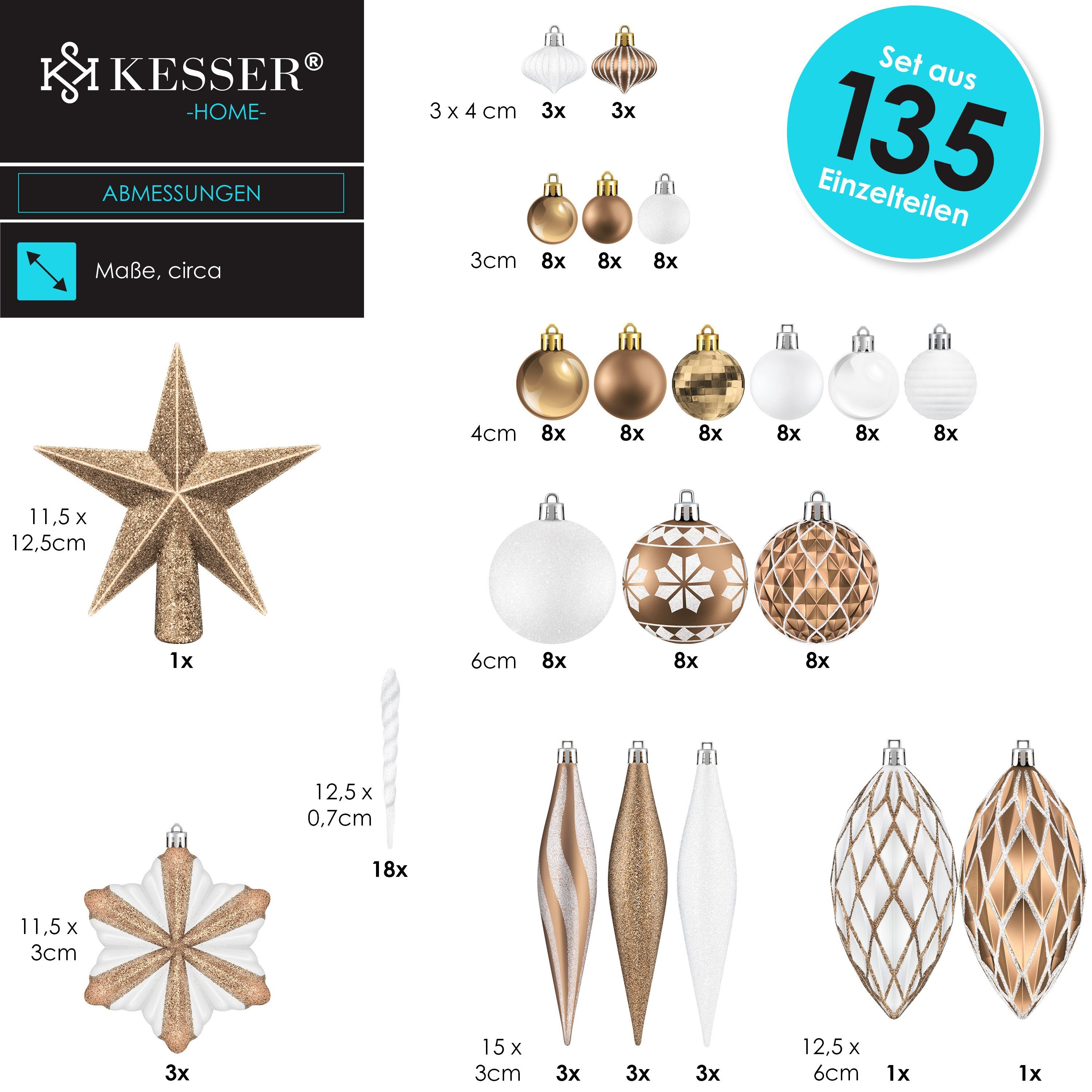 KESSER Christbaumschmuck (135-tlg), Weihnachtskugeln 105-teiliges Set Baumspitze Christbaumkugeln