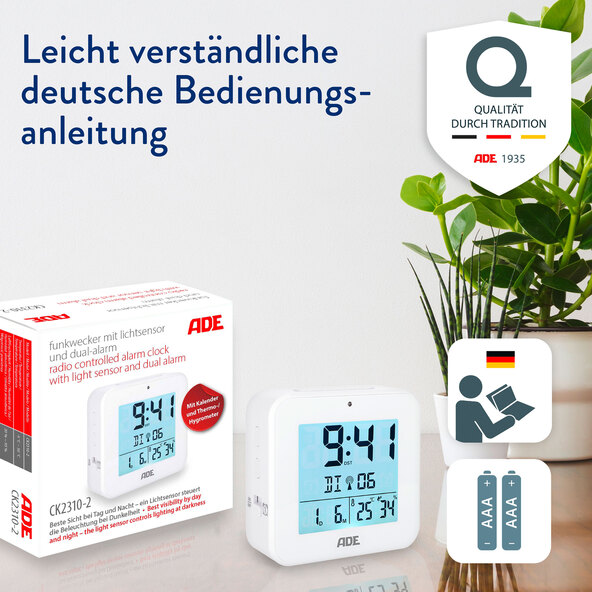 Digitaler DCF-Funkwecker, quadratisch, weiß