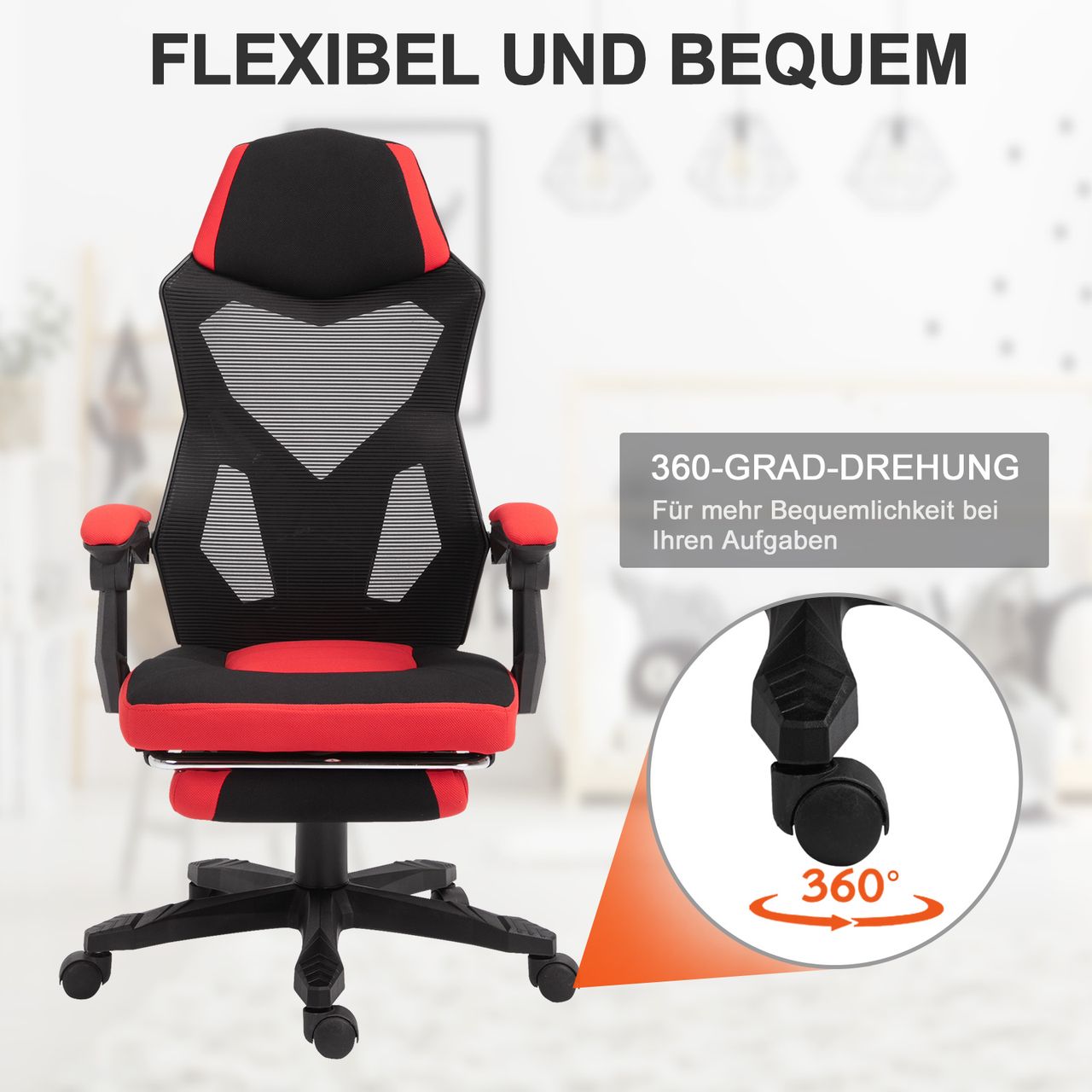 Vinsetto Ergonomischer Bürostuhl Gaming Stuhl Drehstuhl mit Fußstütze Schwarz