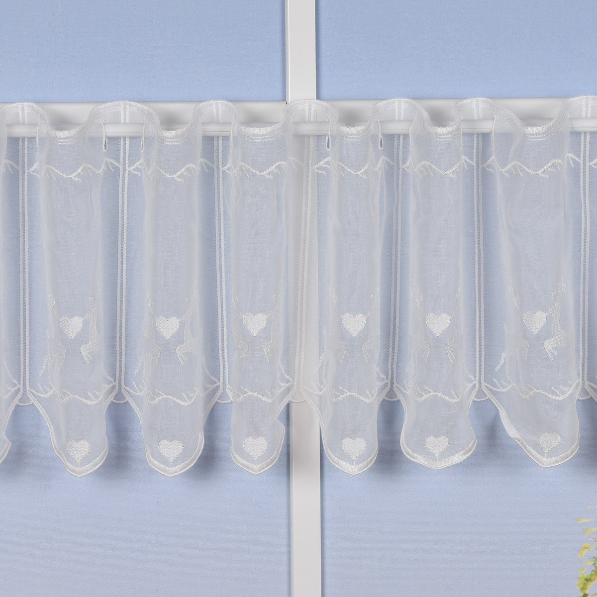 Meterware Stickerei-Scheibengardine transparent und nähfrei Hirschen und Herzen, SCHÖNER LEBEN., halbtransparent, Stickerei/Stickstoff, bestickt