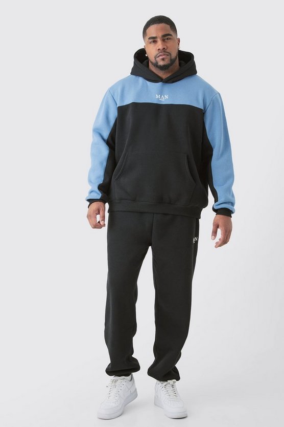 Plus Blauer Colorblock Man Roman Trainingsanzug mit Kapuze