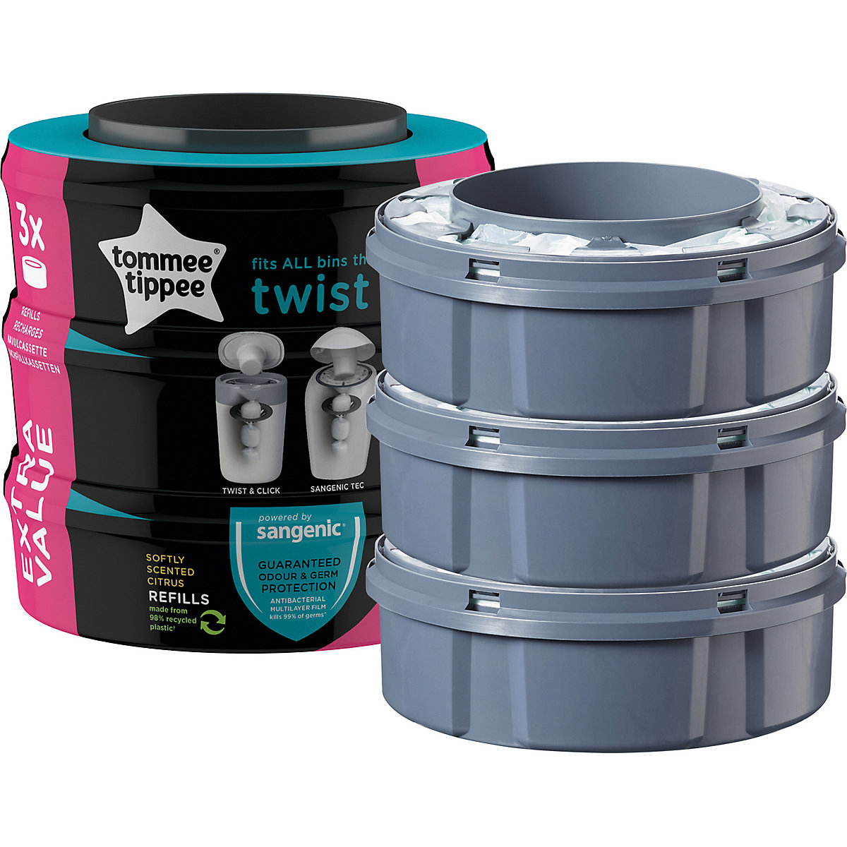 Tommee Tippee Nachfüllkassetten für Twist & Click Und Sangenic Tec Windeleimer, 3er Set