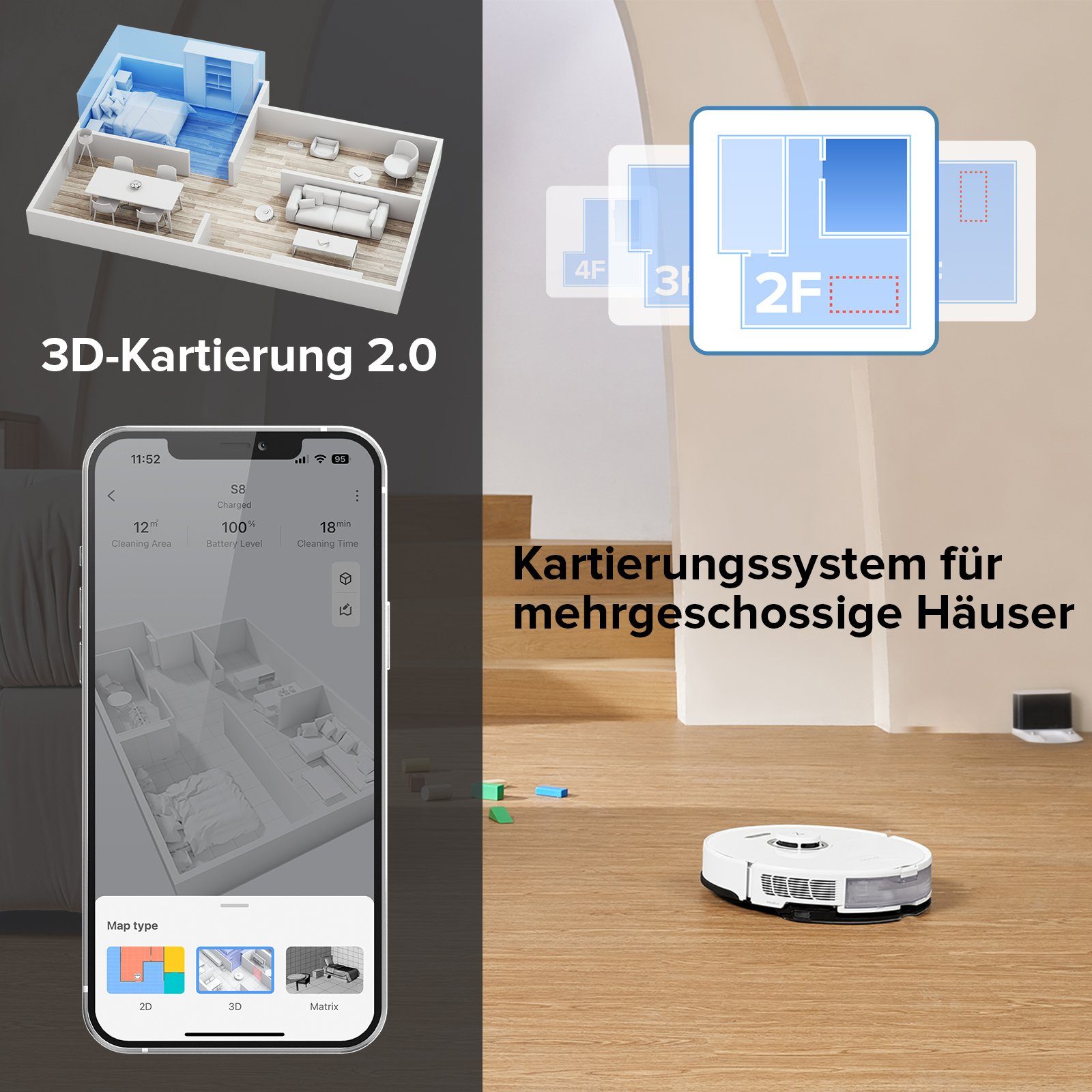 Roborock Saugroboter S8, 69 W, 6000 pa, DuoRoller-Bürste, Reactive 3D-Hindernisumgehung, Vibrations-Hebemop, Intelligenter für Hartböden,Tierhaare,Teppiche, Kindersicherung APP Control, Upgrade von Roborock S7, VS S7 Maxv