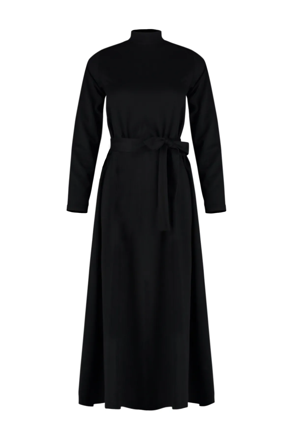 Trendyol Modest  Schwarzes Strickkleid mit Stehkragen und geradem Gürtel TCTSS24EB00122