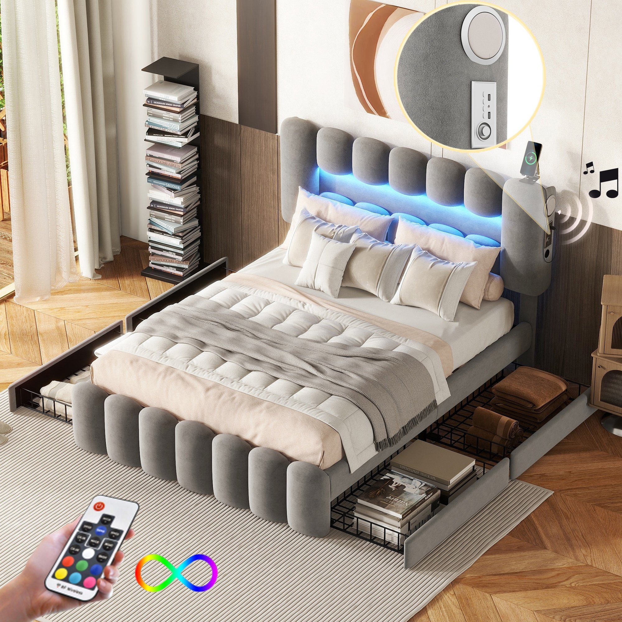 HAUSS SPLOE Polsterbett Polsterbett Funktionsbett Bettrahmen KInderbett Doppelbett (mit 4 Schubladen und LED-Lichtleiste, Jugendbett mit USB und Stereoanlage), 140*200 cm, Grau