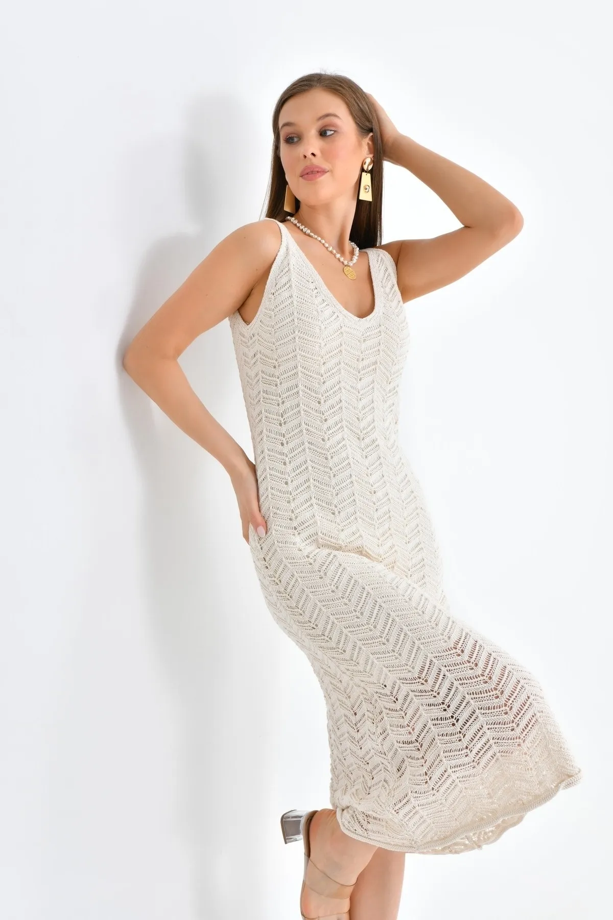 VOLT CLOTHİNG  Damen Sommerkleid mit Riemchenmuster und durchbrochener Strickfütterung