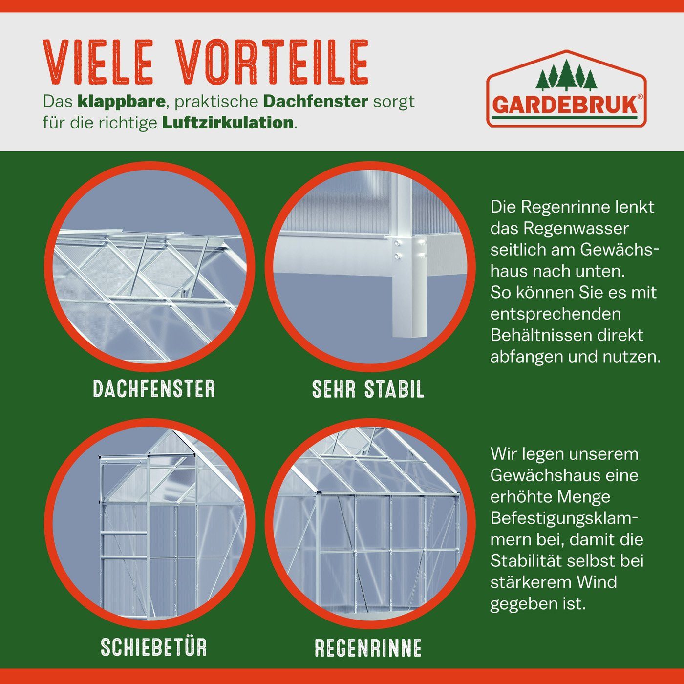Gardebruk Gewächshaus, Aluminium 4,75m² mit Fundament 250x190cm inkl. 2 Dachfenster