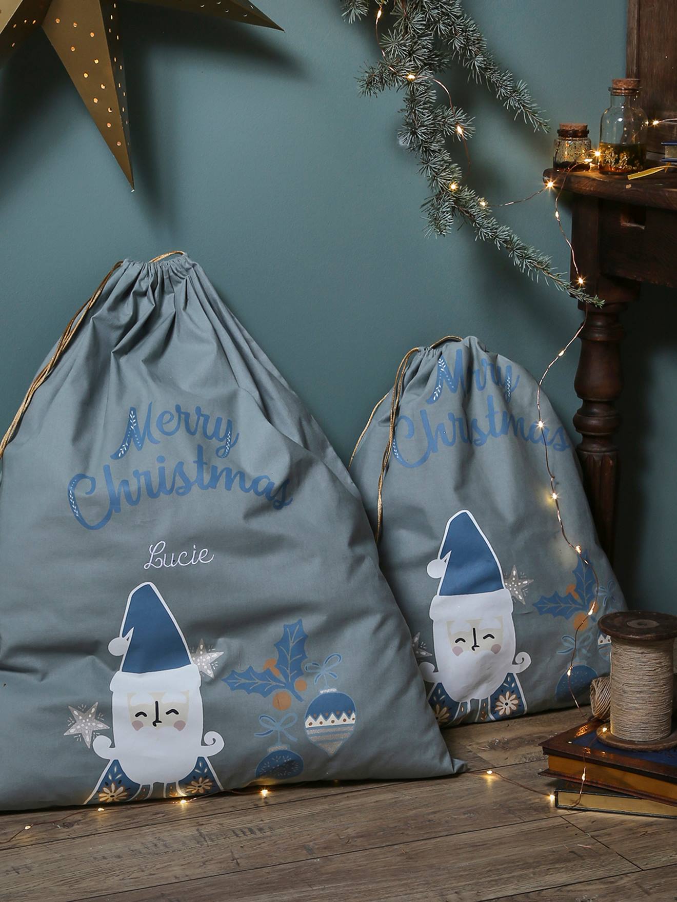 Sac à jouets Père Noël scandinave vert / bleu
