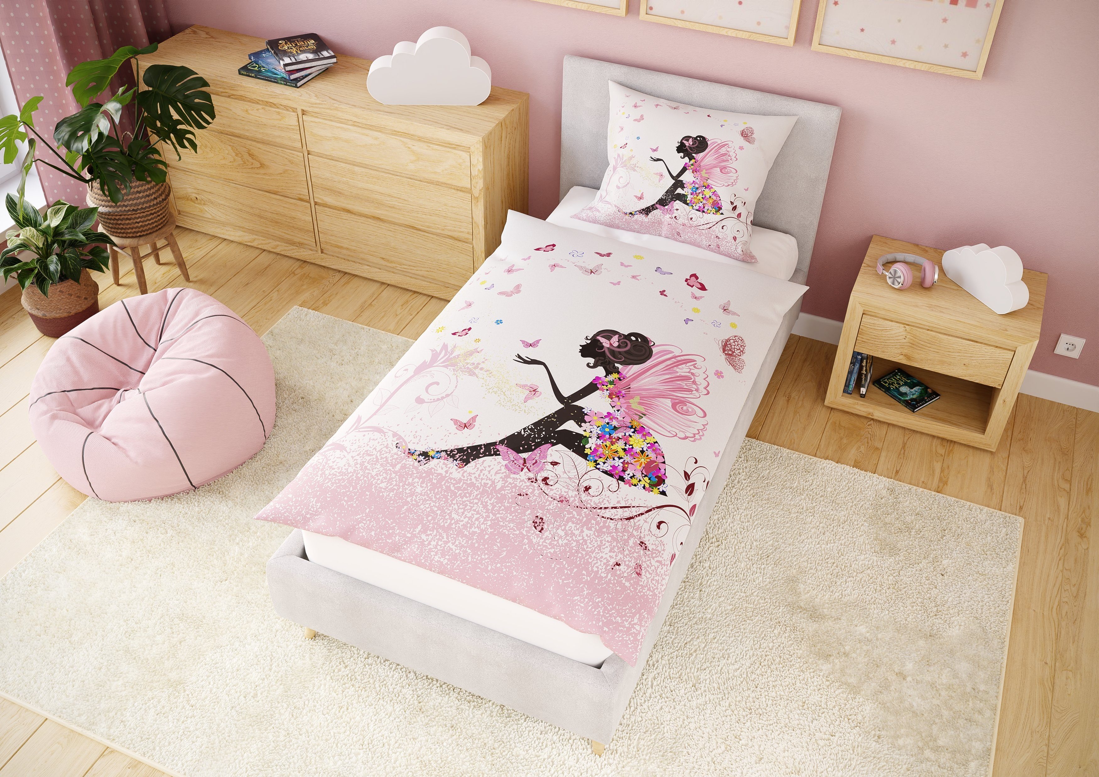 Kinderbettwäsche Leuchtende Bettwäsche 135x200 Rosa Bettbezug Mädchen Fee + 10 SPIELE, Carpe Sonno, Baumwolle, 2 teilig, GLOW IN THE DARK Elfe Kinder Bettwäsche Schmetterling