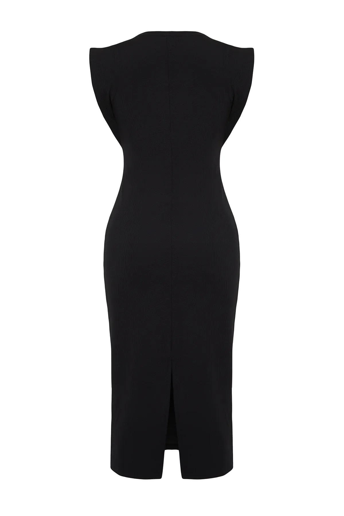 Trendyol Collection  Schwarzes, tailliertes, geripptes, flexibles Midi-Bleistiftkleid aus Strick mit Mondärmeln TWOSS24EL00187