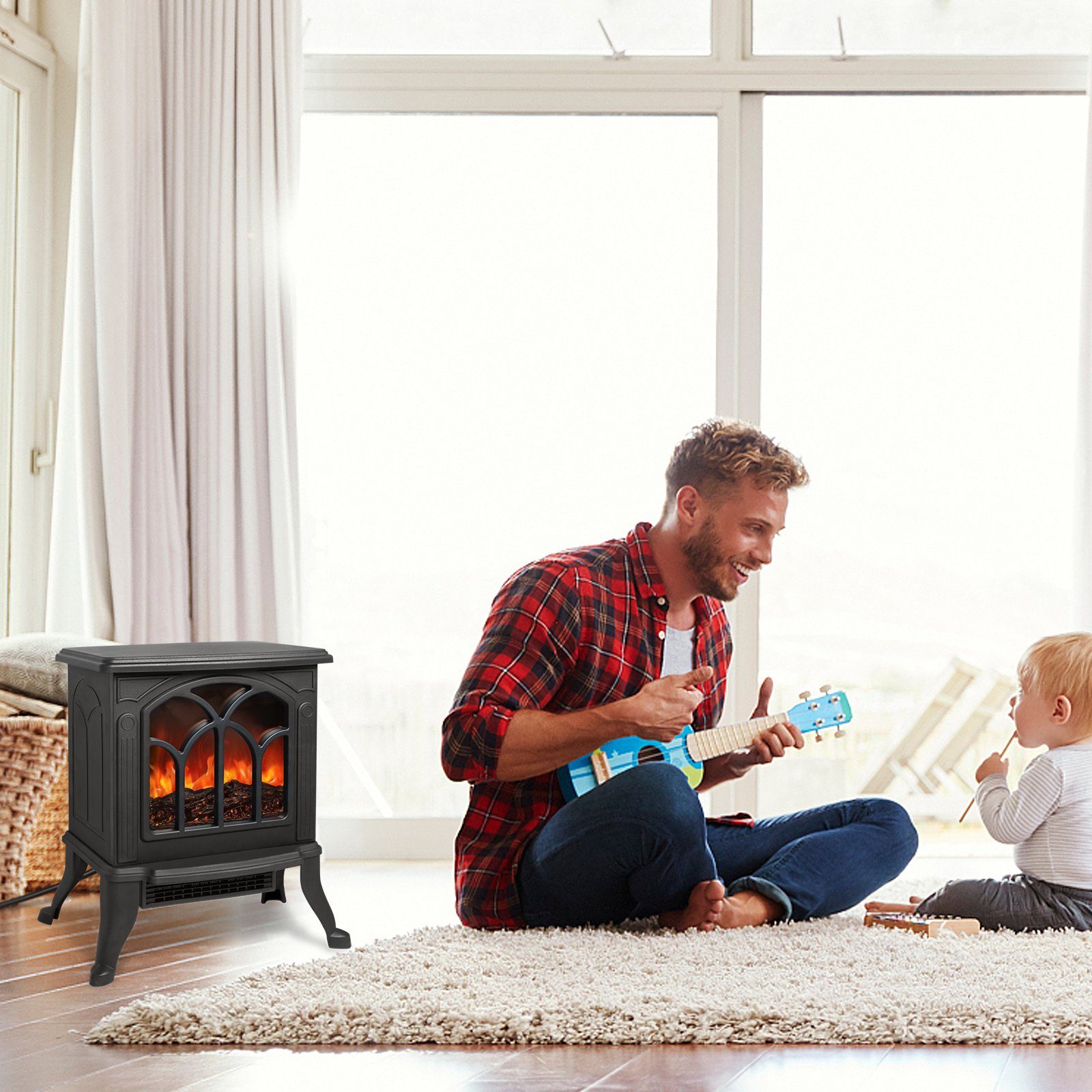 AUFUN Elektrokamin mit Heizlüfter, LED Kaminfeuer Effek Kaminofen Flammeneffekt 750/1500W