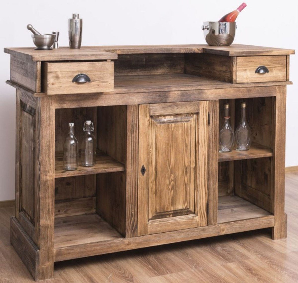 Casa Padrino Barschrank Landhausstil Theke Braun 150 x 65 x H. 107 cm - Massivholz Thekentisch mit Tür und 2 Schubladen - Barmöbel im Landhausstil