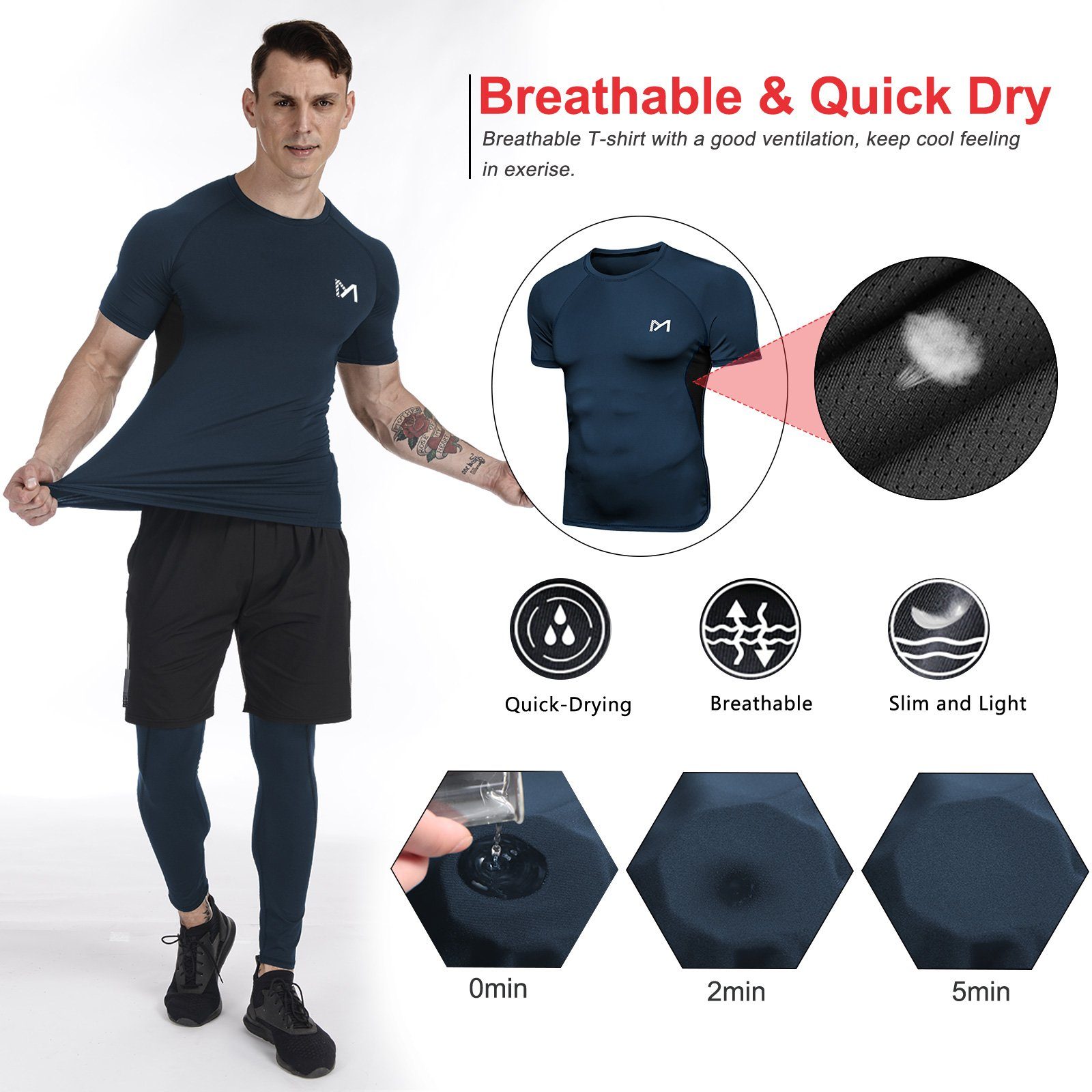 MEETYOO Trainingsanzug Herren Kompressionsshirt Leggings Laufhose Kurze Hosen (Männer Funktionsshirt Funktionswäsche, Trainingsanzug, Set), für Running Gym Fitness Sport