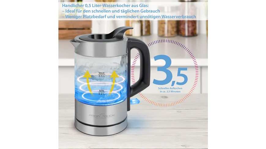 PROFI COOK Wasserkocher Glas PC-WKS 1228G 0,5l