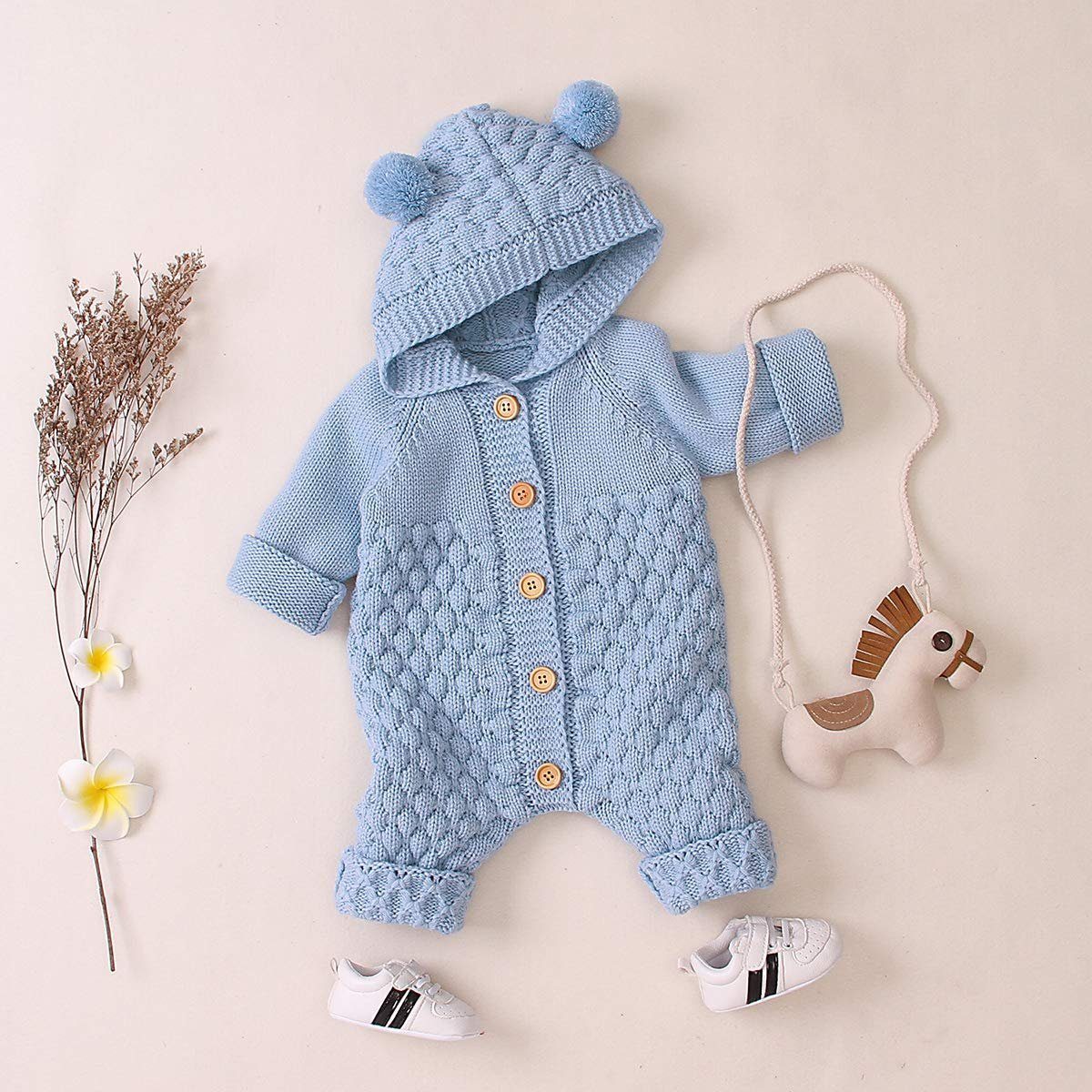 Haiaveng Strampler Baby-Ohr-Strick Overall mit Kapuze Winter Warmer