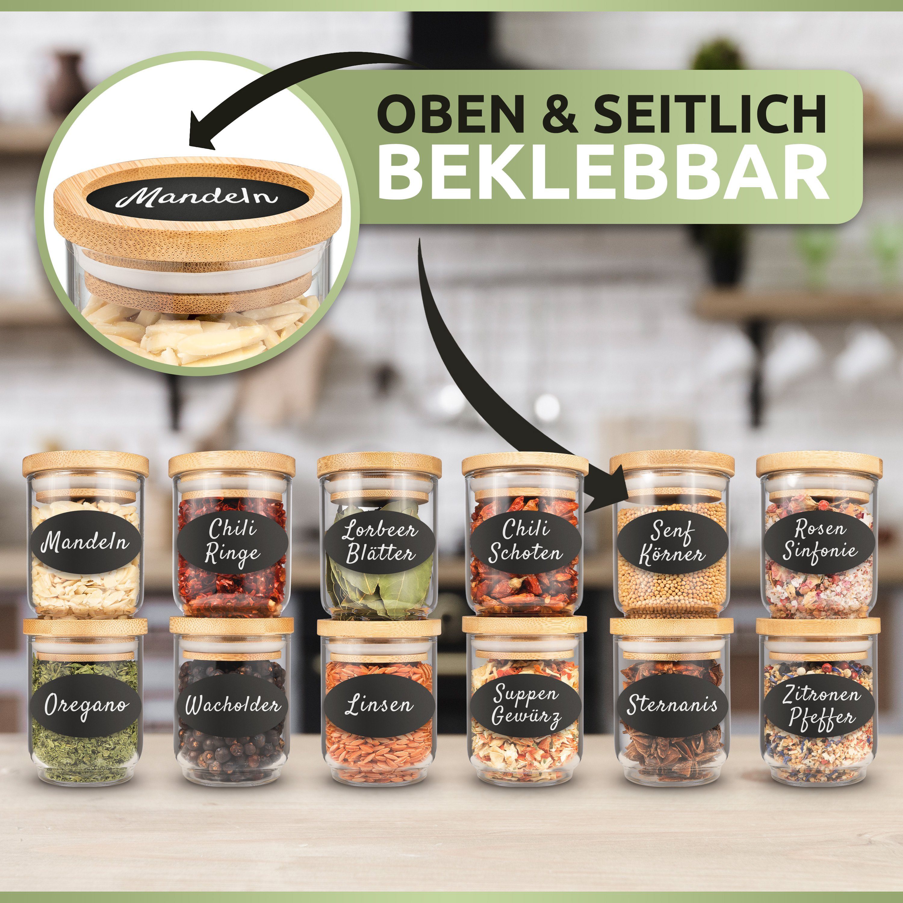 PORADA Gewürzbehälter Set 150ml stapelbare Gewürzgläser Glasbehälter Bambus Deckel, (Set, 12-tlg., Set), Handarbeit, platzsparend, stapelbar, Bambusdeckel