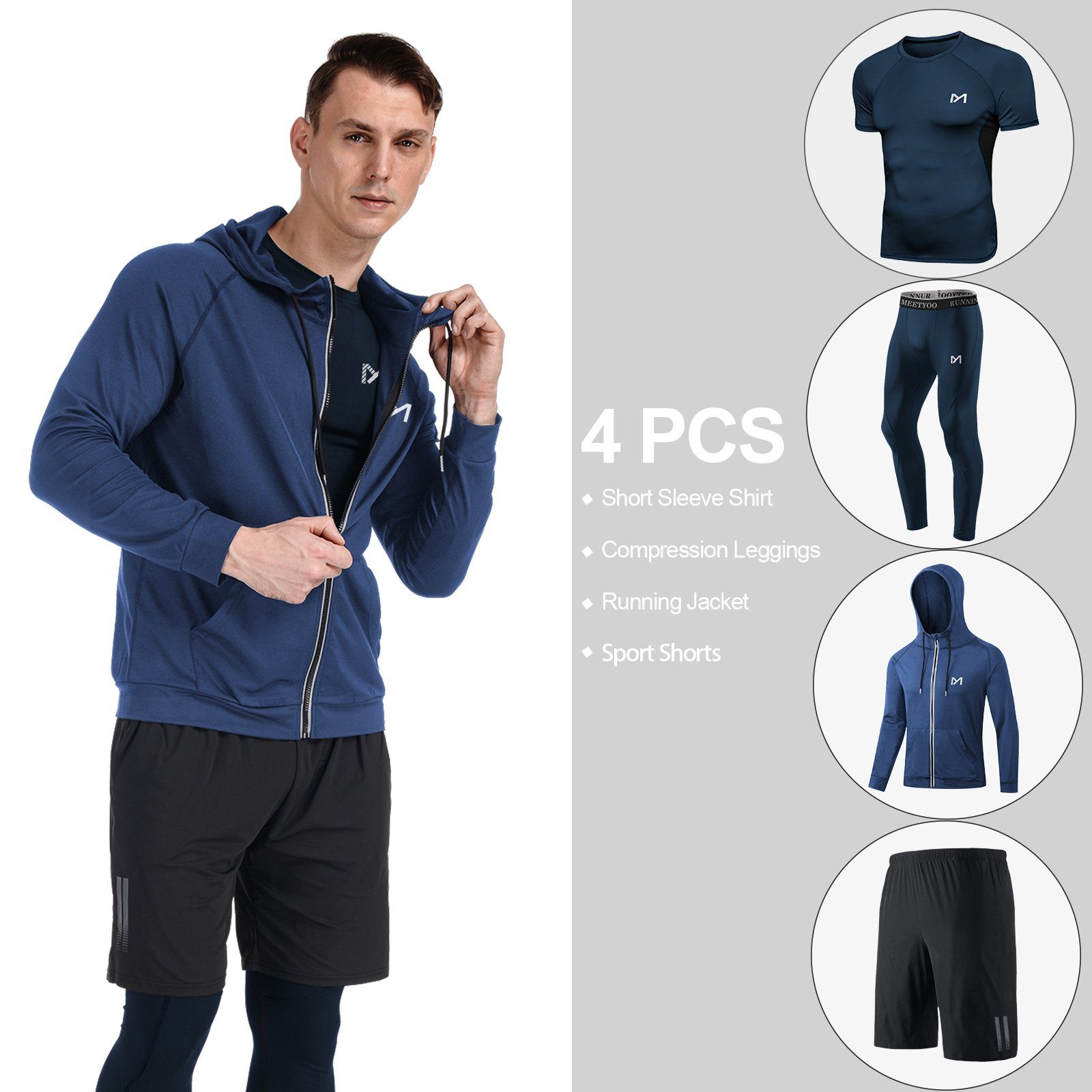 MEETYOO Trainingsanzug Herren Kompressionsshirt Leggings Laufhose Kurze Hosen (Männer Funktionsshirt Funktionswäsche, Trainingsanzug, Set), für Running Gym Fitness Sport