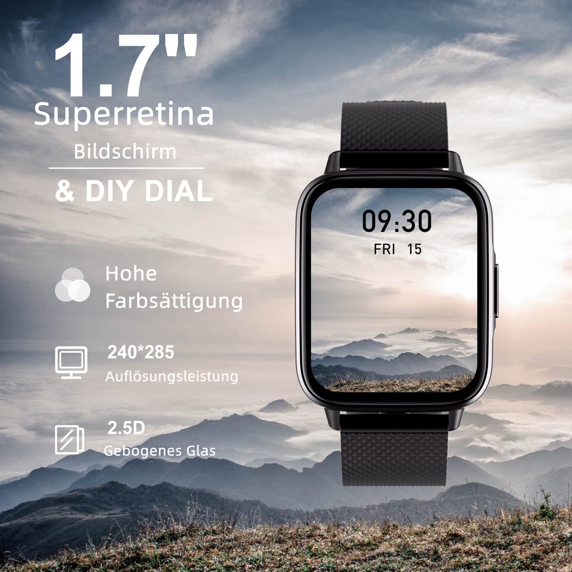 Tisoutec Smartwatch Damen Herren Smartwatch (Fitnessuhr mit Telefonfunktion/WhatsApp Notiz,Smartwatch Fitness Tracker Uhr IP67 Wasserdicht,1.7