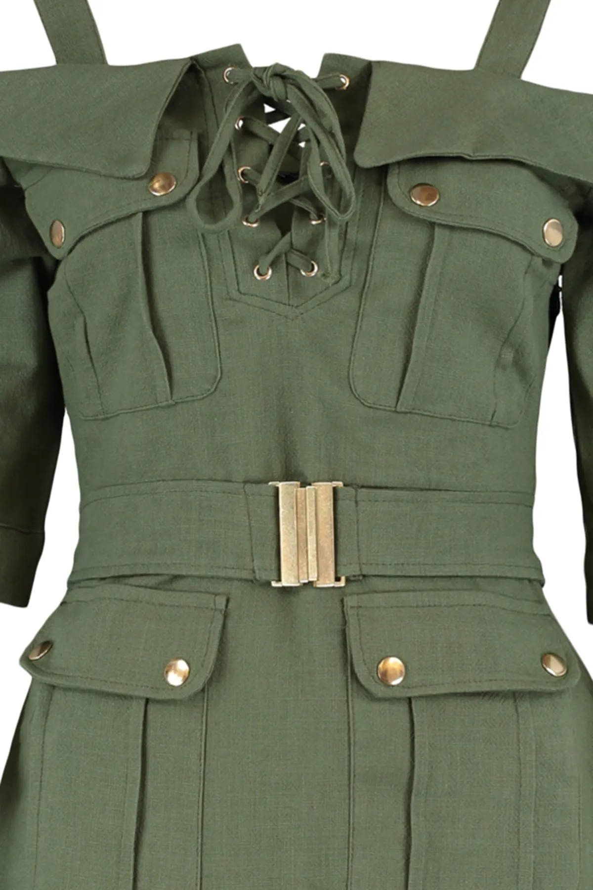 Trendyol Collection  Khakifarbenes, gewebtes Kleid mit Vogelaugenmuster und Gürtel TWOSS21EL1111