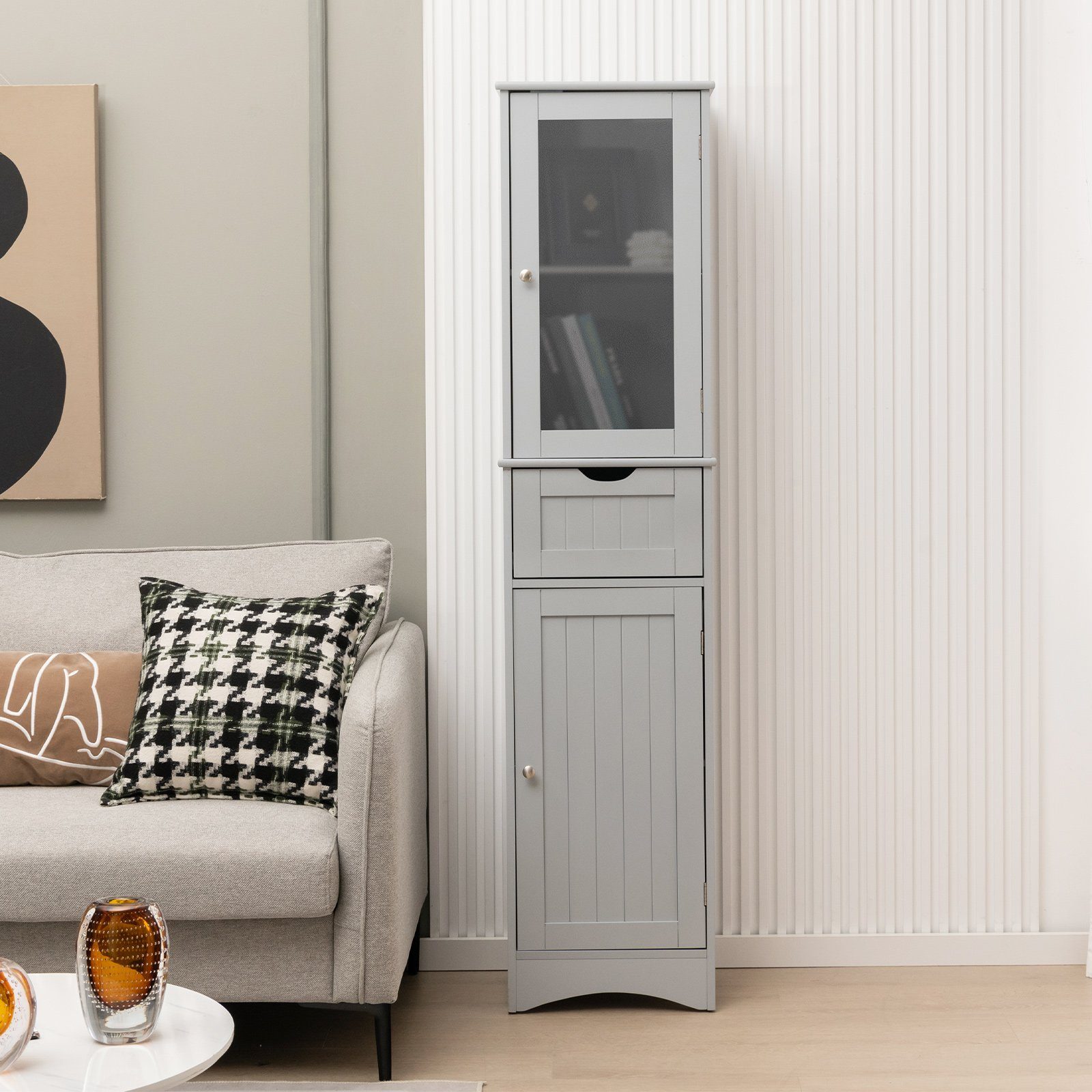 COSTWAY Hochschrank Bad, mit Schublade, 4 Fächern & Glastür, schmal, Holz, 170cm