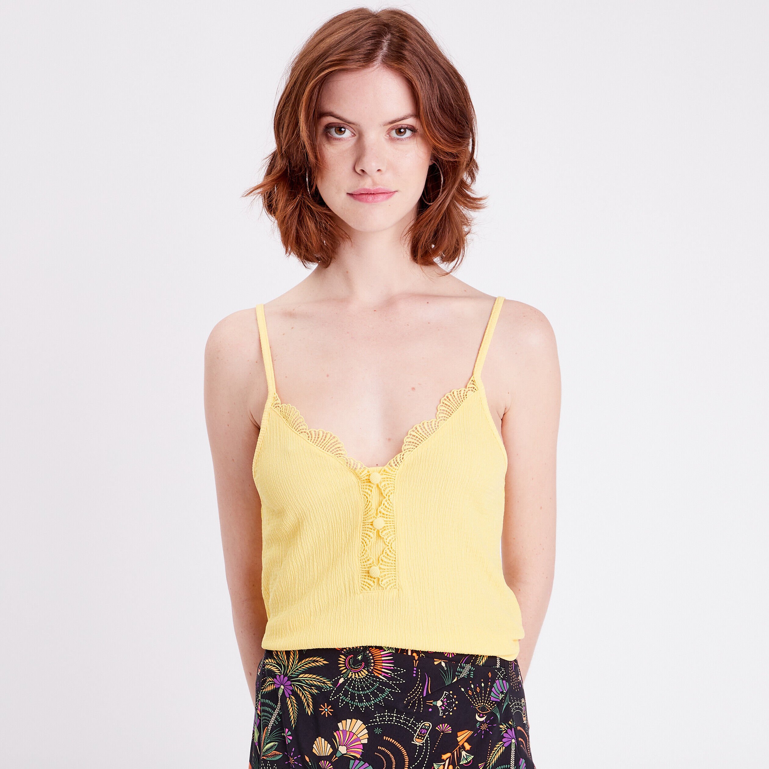 Débardeur détails dentelle jaune pastel femme | Cache Cache