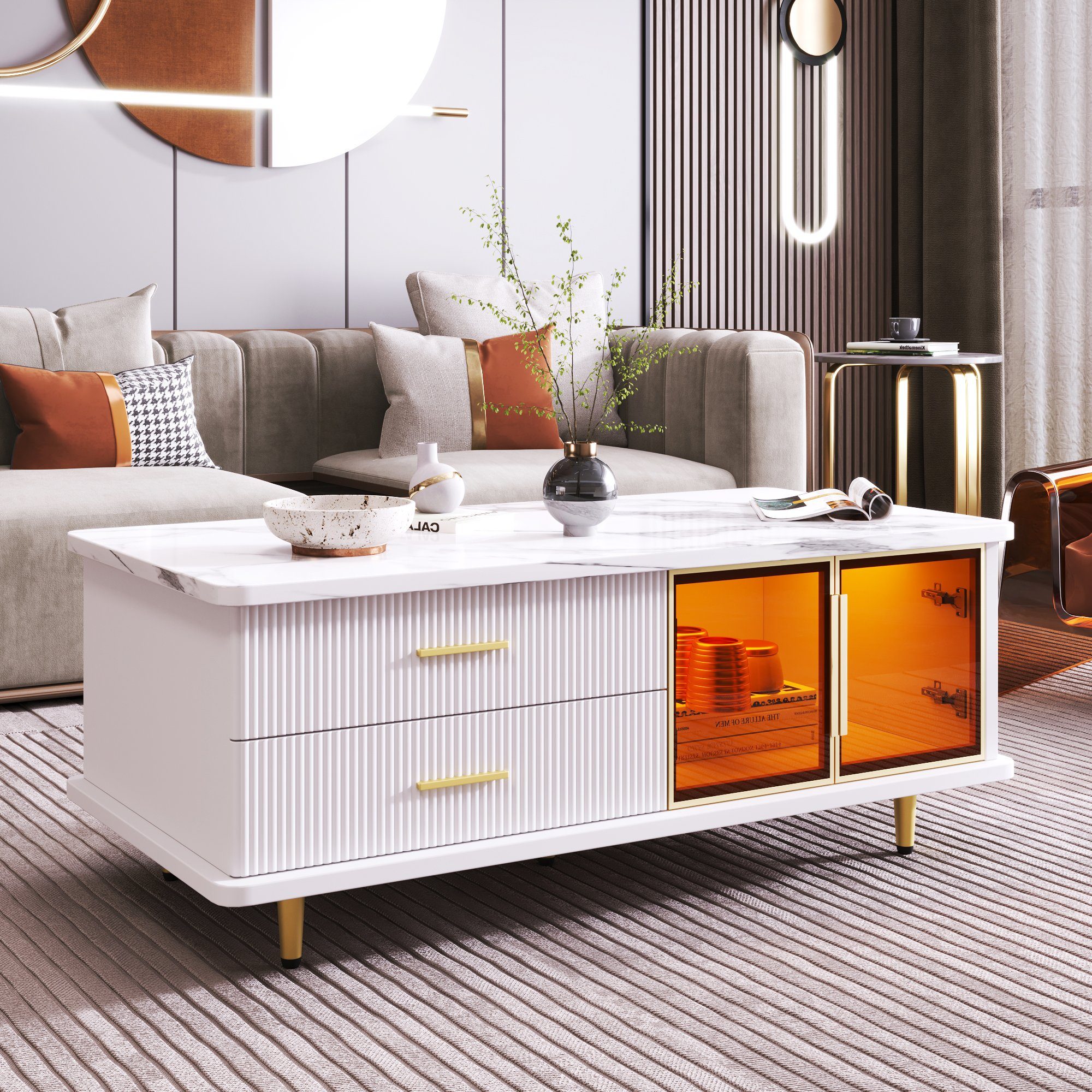 REDOM Wohnwand Couchtisch, TV-Schrank, (Schubladen mit Wellenstruktur, goldene Griffe und Beine, 2-St., Tür aus gehärtetem Glas,Rahmen aus Aluminiumlegierung), Enthält einen Couchtisch und einen Fernsehschrank.