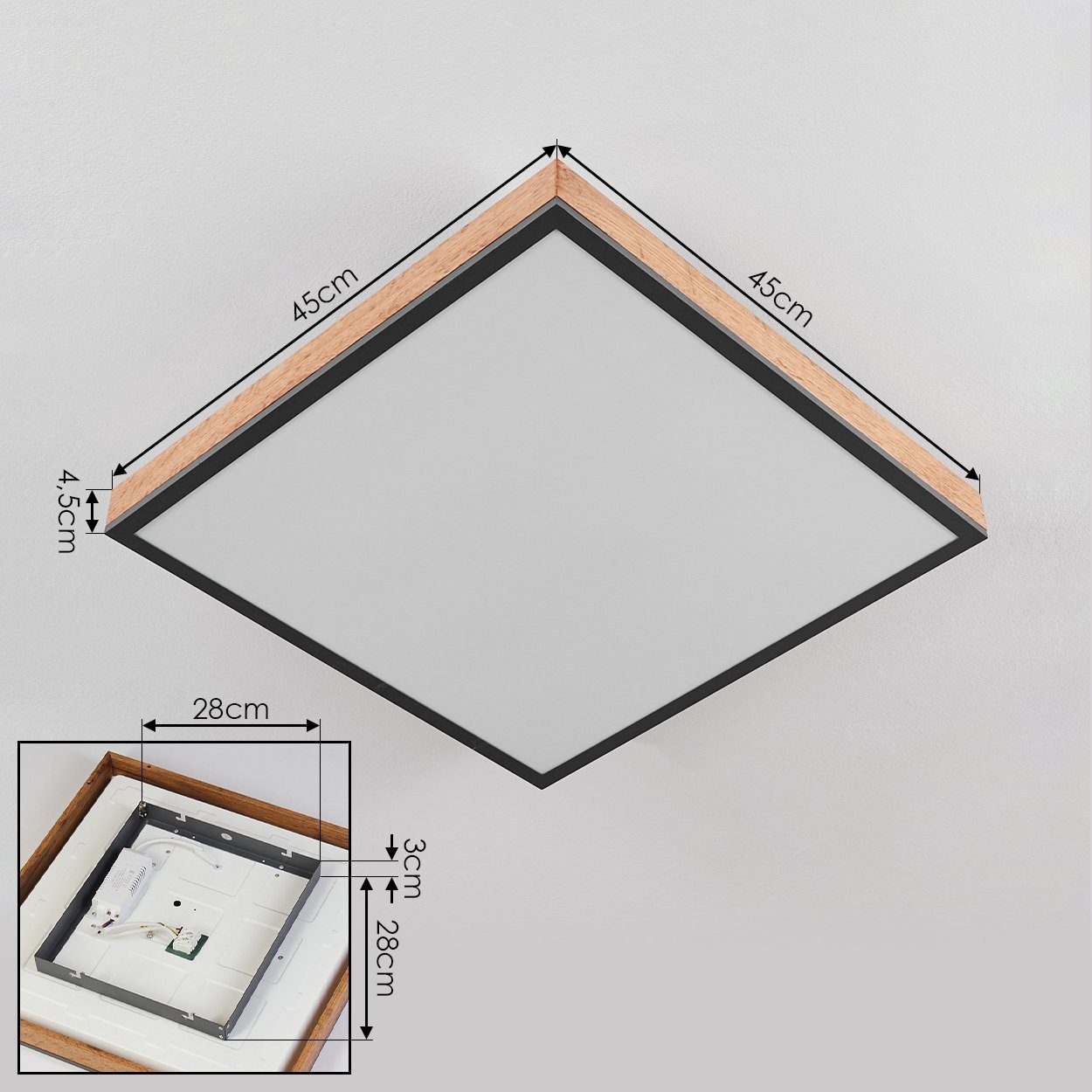hofstein Deckenleuchte Vacil modernes Deckenpanel aus Metall, MDF, Schwarz/Weiß/Holzoptik, 3000 Kelvin, 24 Watt, 2100 Lumen, eckige Deckenlampe in flachem Design