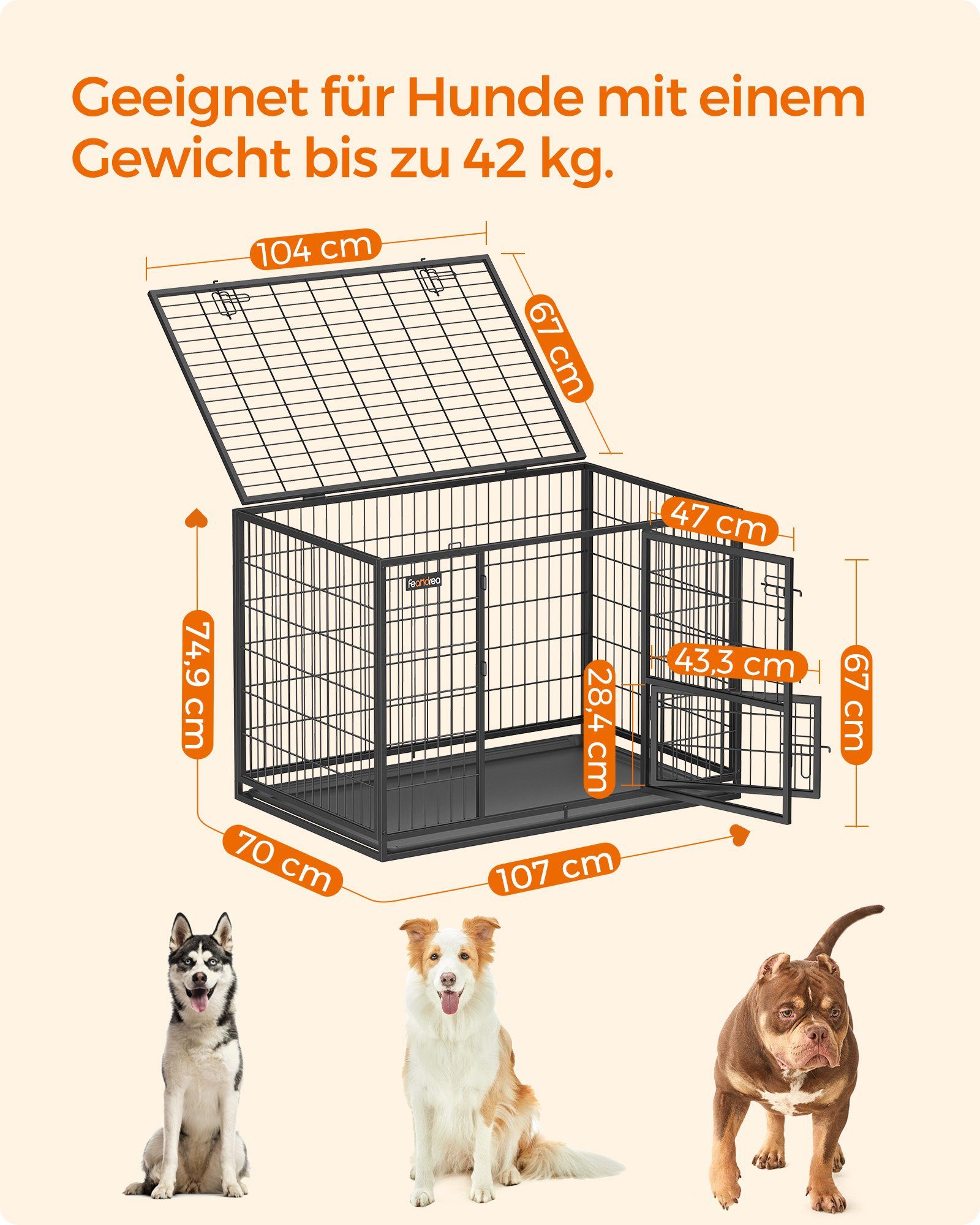 FEANDREA Hundekäfig, Hundebox L/XL Doppeltür vielseitig einsetzbar